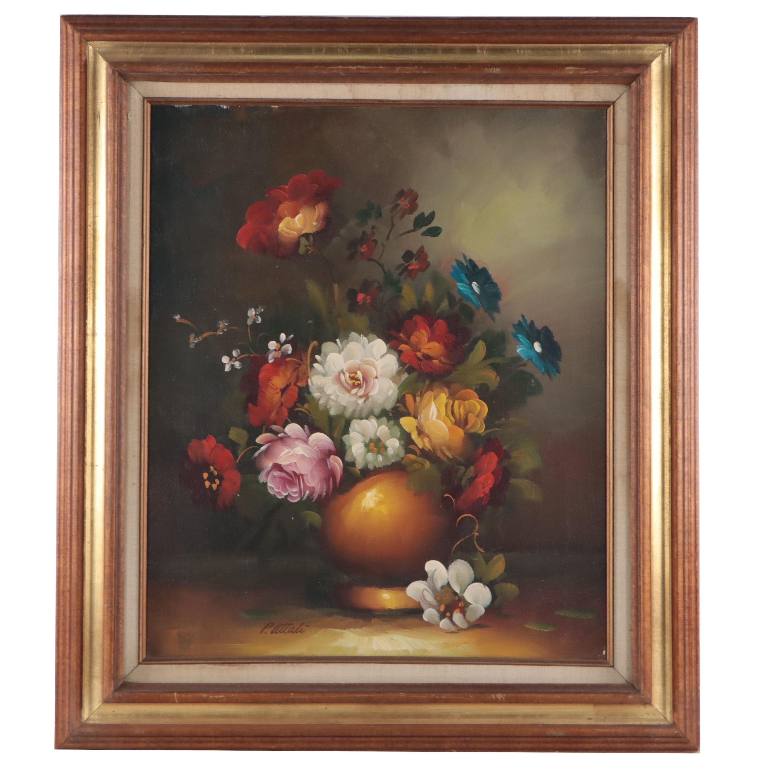 P. Attali Floral Still Life Oil Painting, Late 20th Century