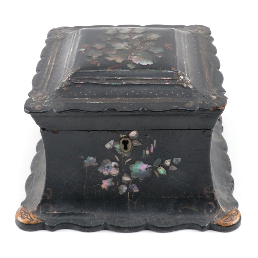English Papier-Mâché and Abalone Inlay Velvet Lined Box, Mid to Late 19th C.