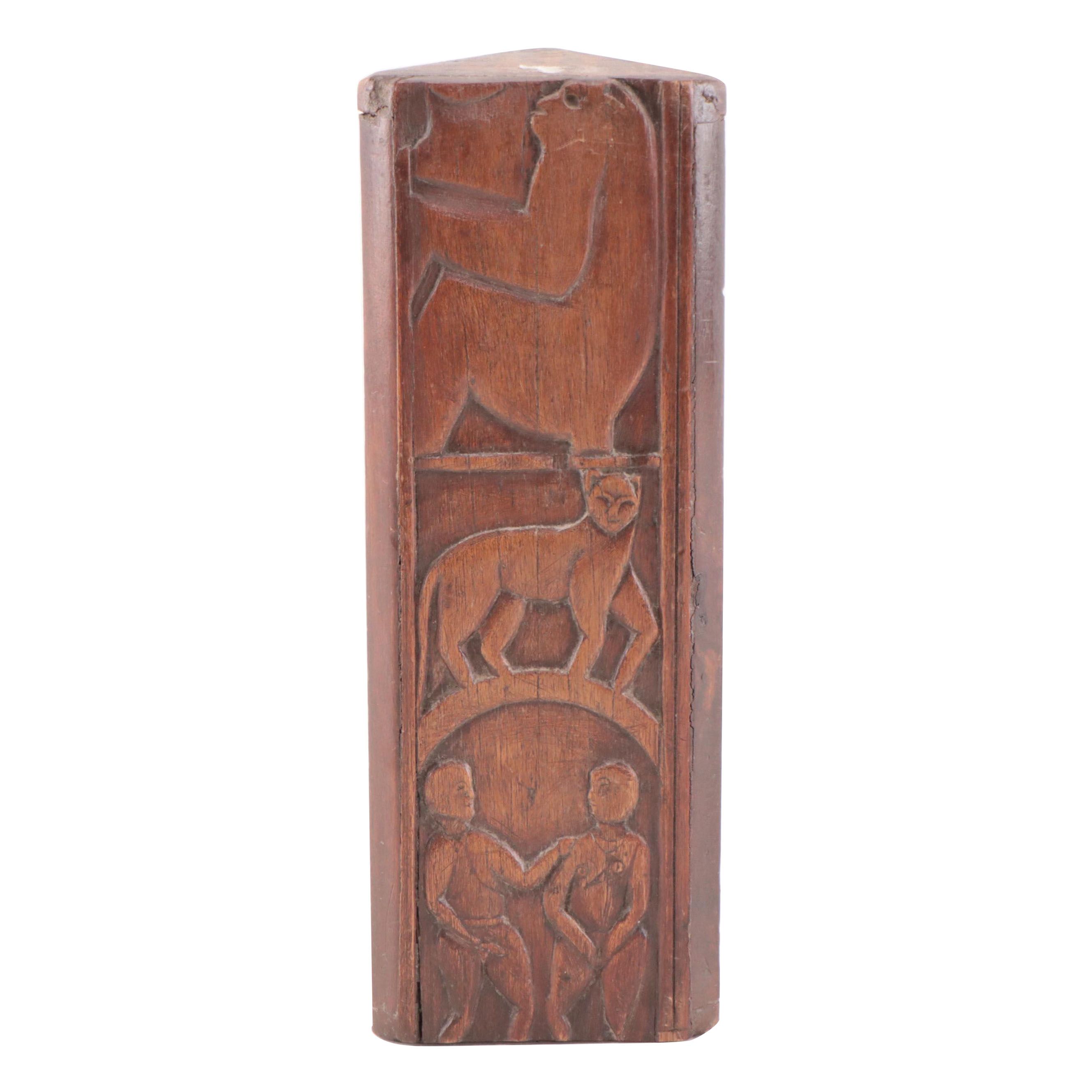 Hand-Carved Wood Sculpture With Figure and Animal Motifs