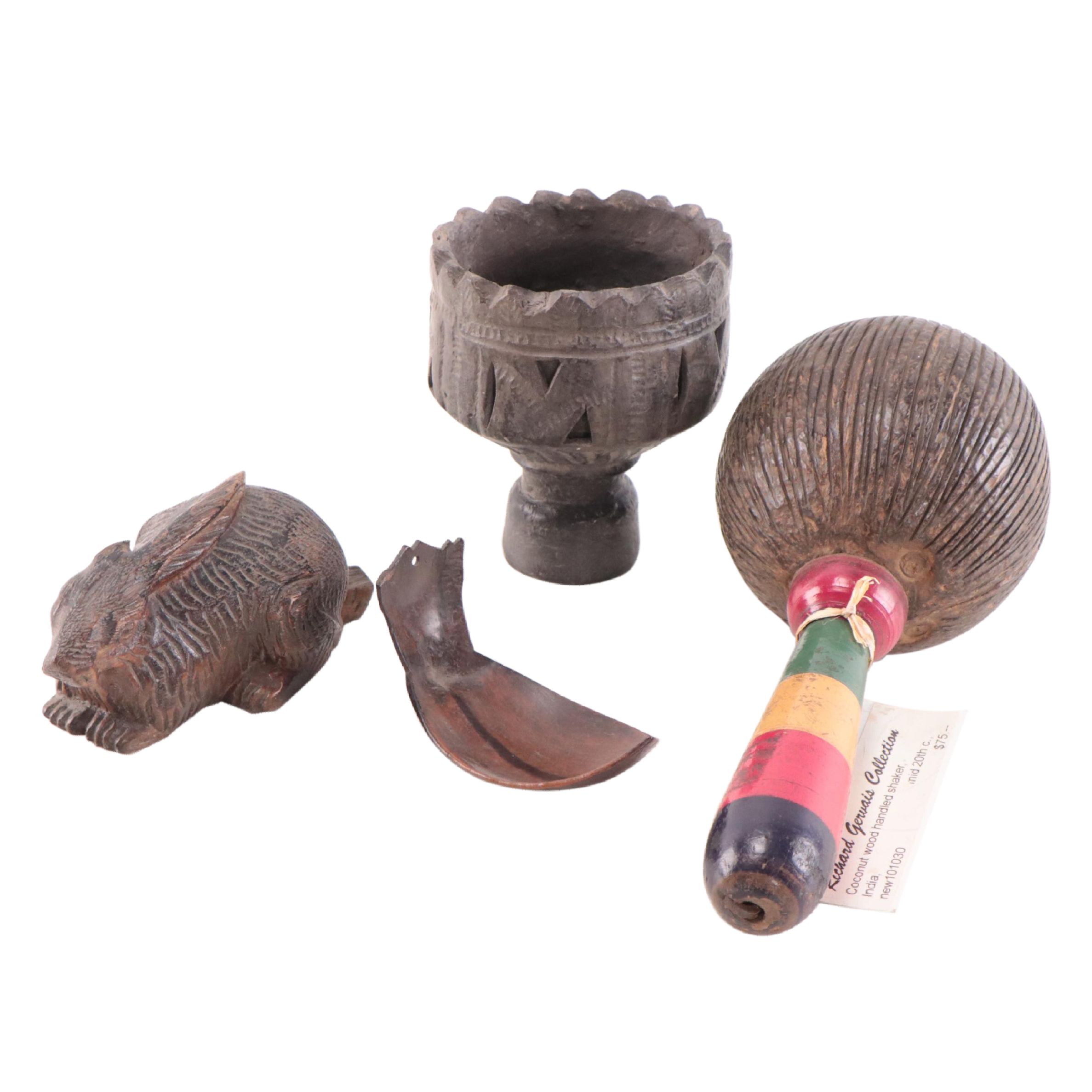 Carved Wood Objects Including Shaker, Mid-20th Century