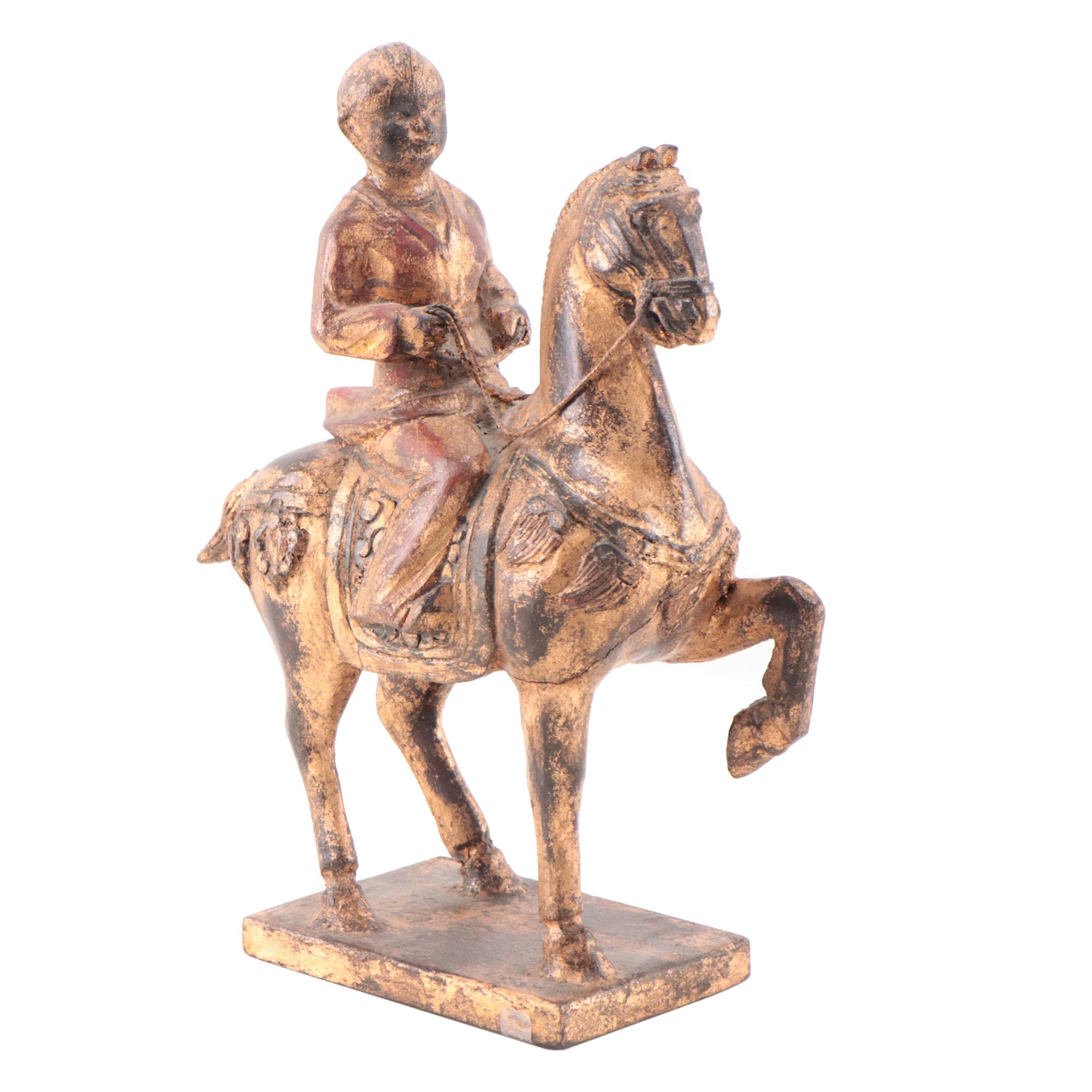 Chinese Style Carved Wood Sculpture of Horseback Rider