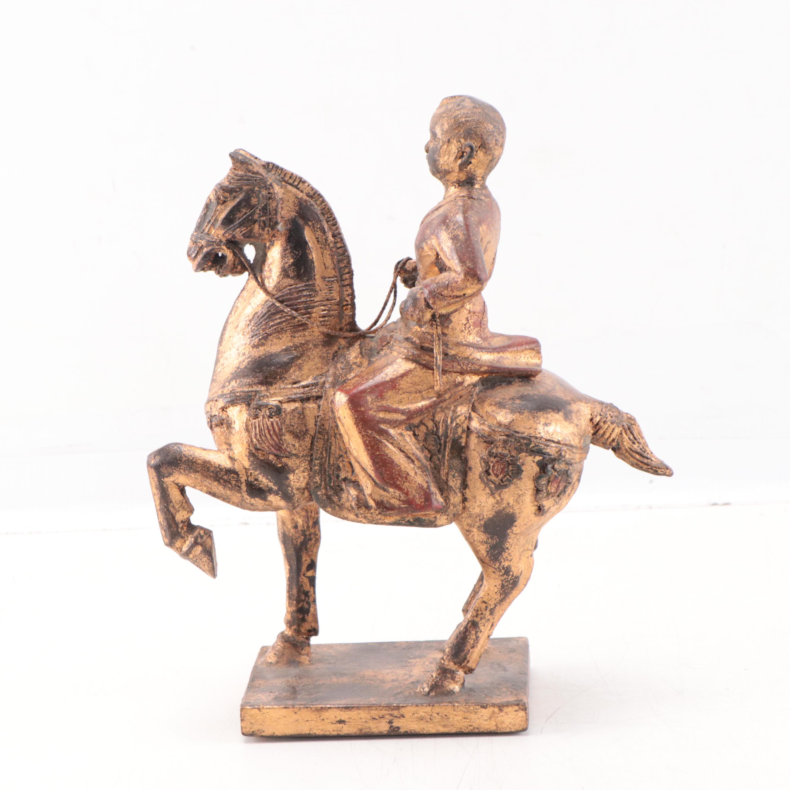 Chinese Style Carved Wood Sculpture of Horseback Rider