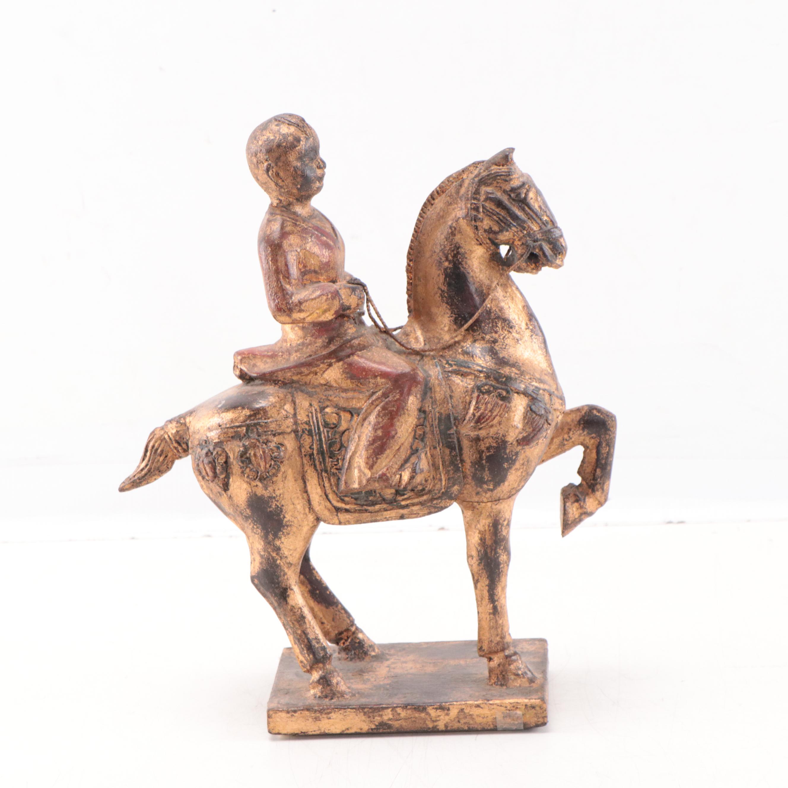 Chinese Style Carved Wood Sculpture of Horseback Rider