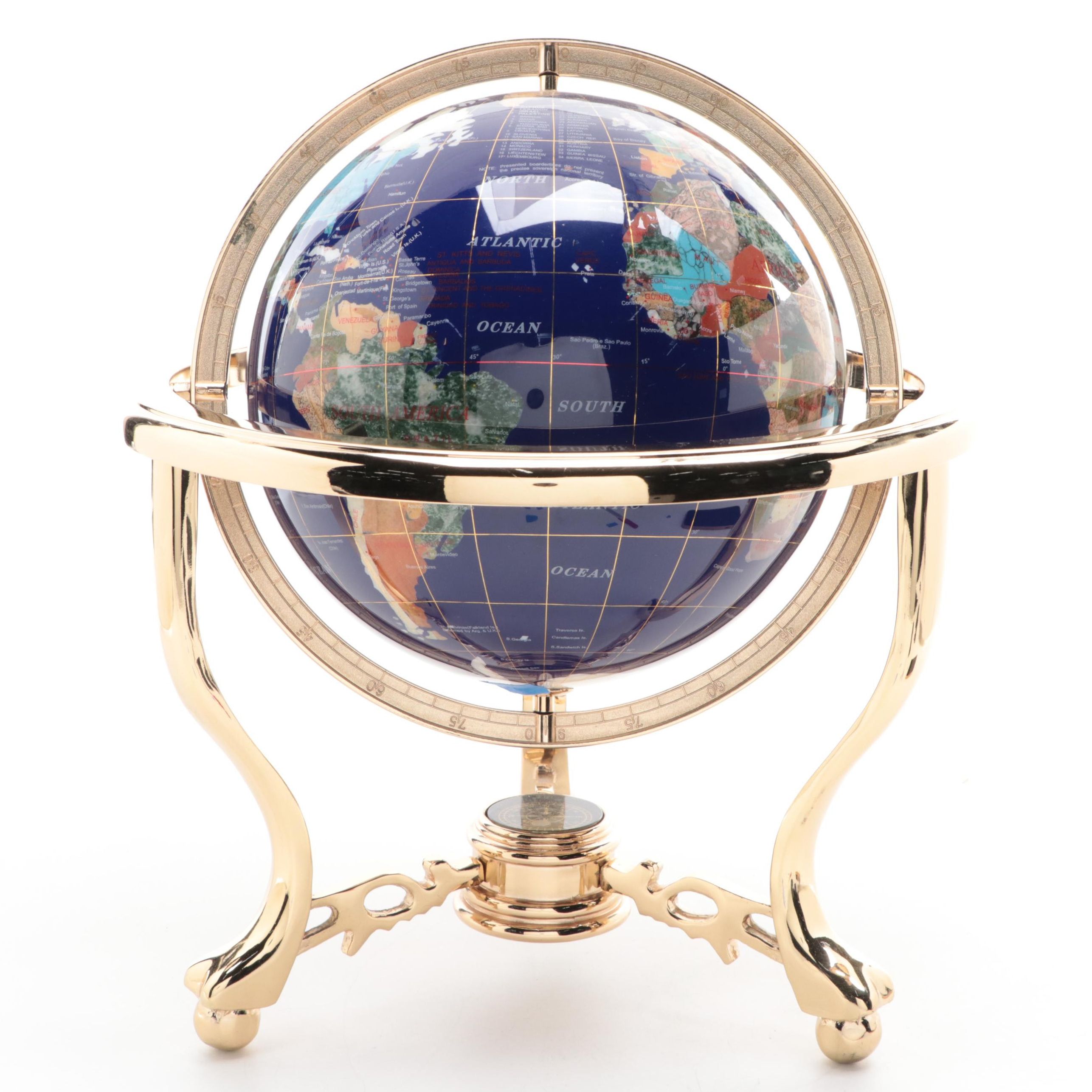 Lapis, Abalone and Stone World Globe with Metal Compass Stand, Late 20th