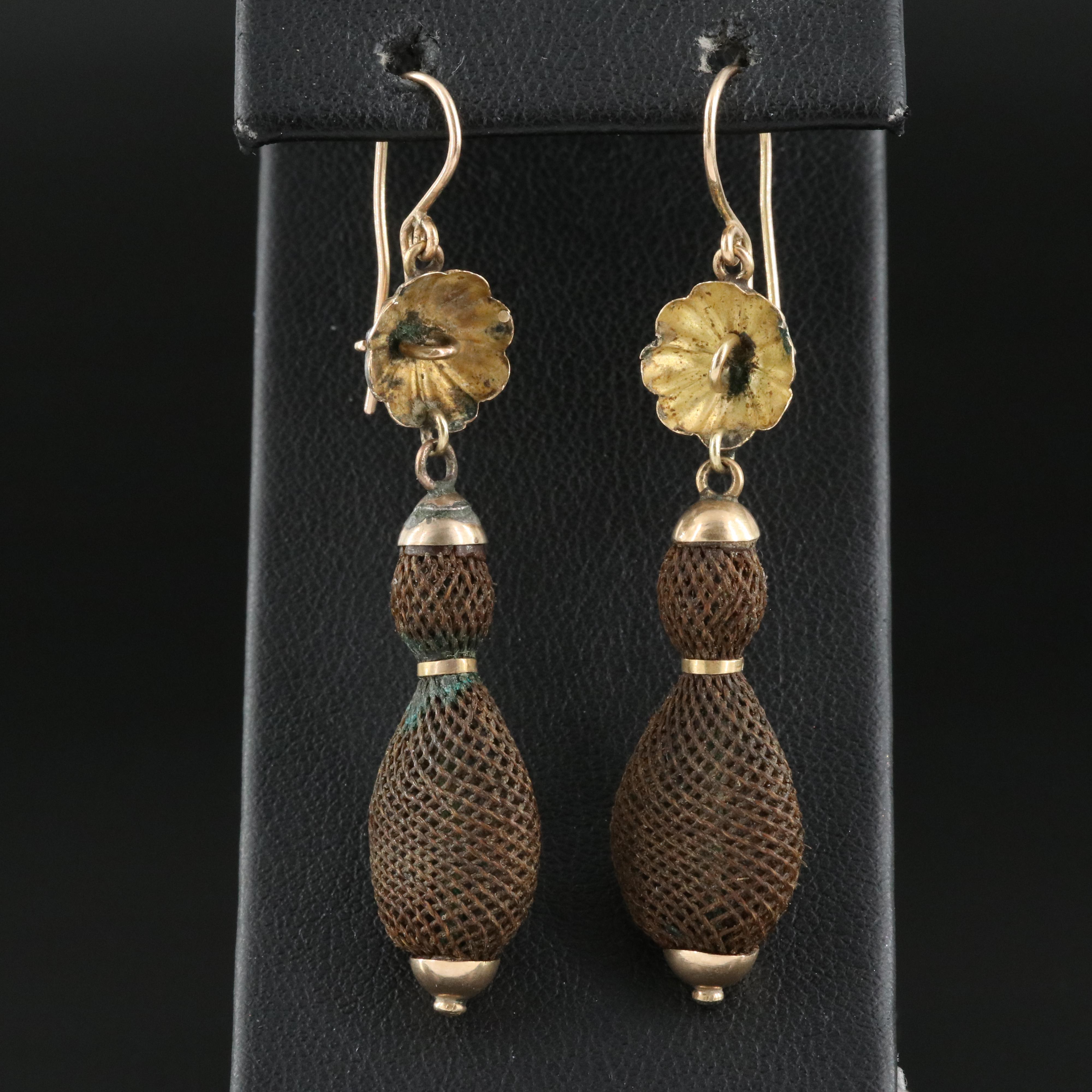 Victorian 10K Woven Hair Mourning Earrings