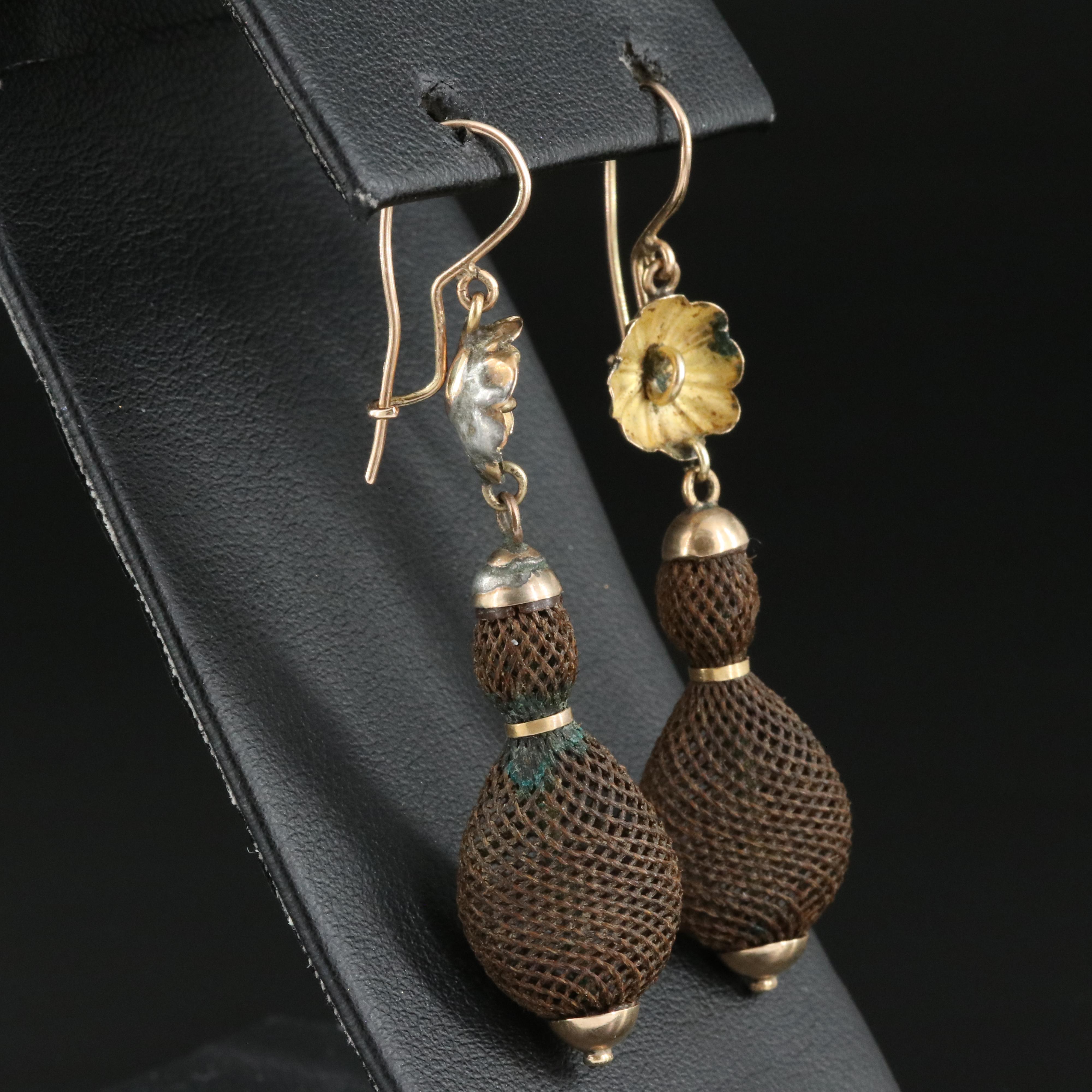 Victorian 10K Woven Hair Mourning Earrings