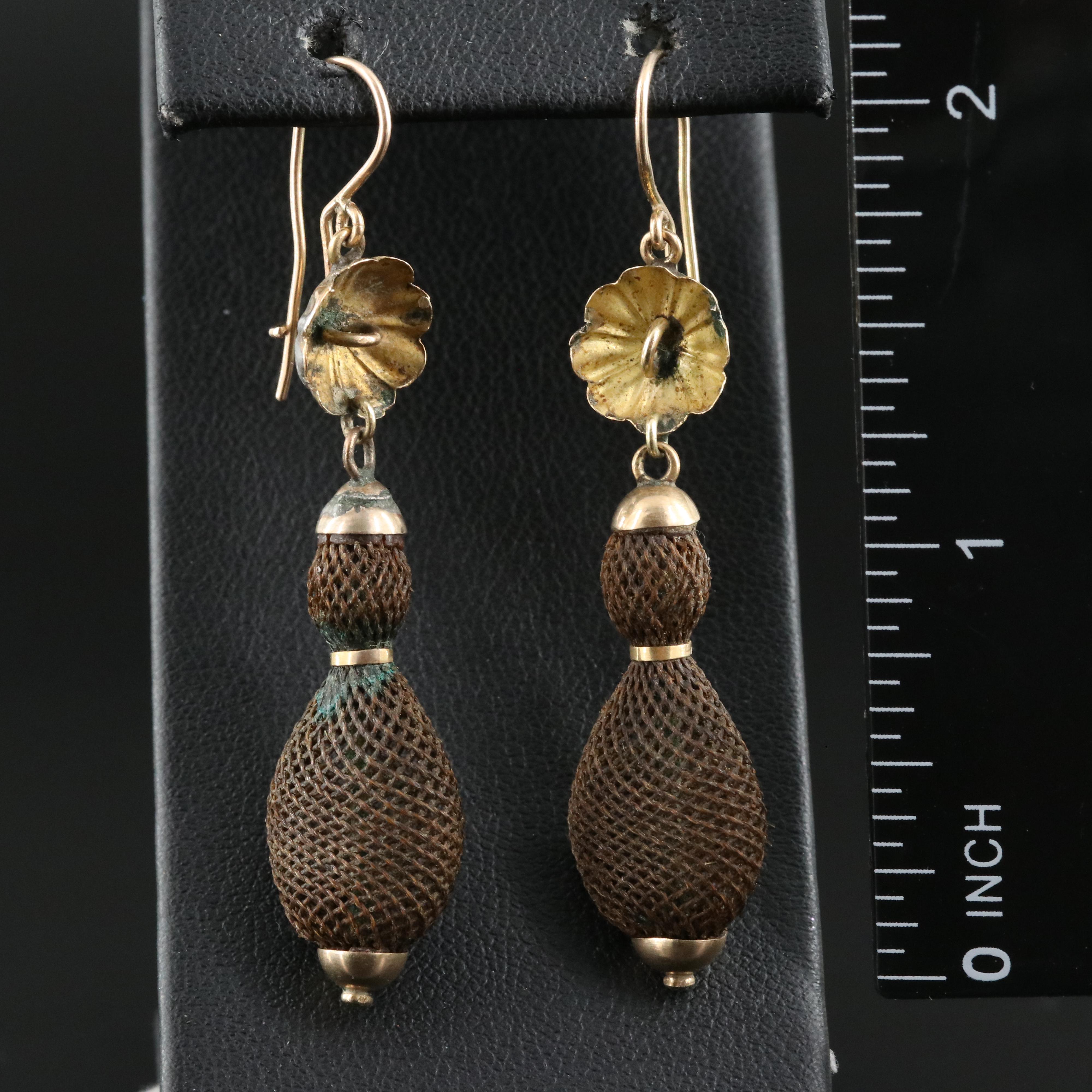 Victorian 10K Woven Hair Mourning Earrings