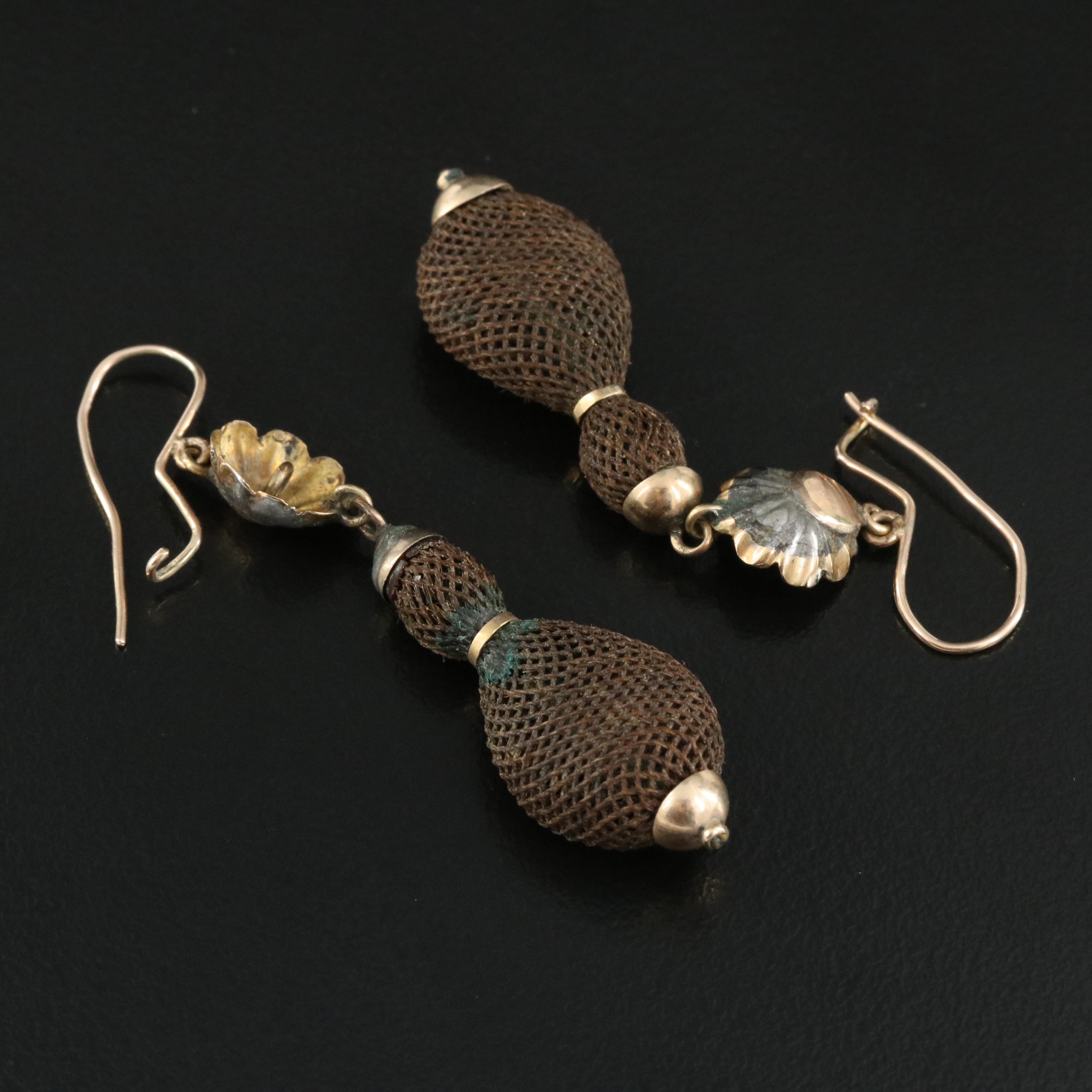 Victorian 10K Woven Hair Mourning Earrings