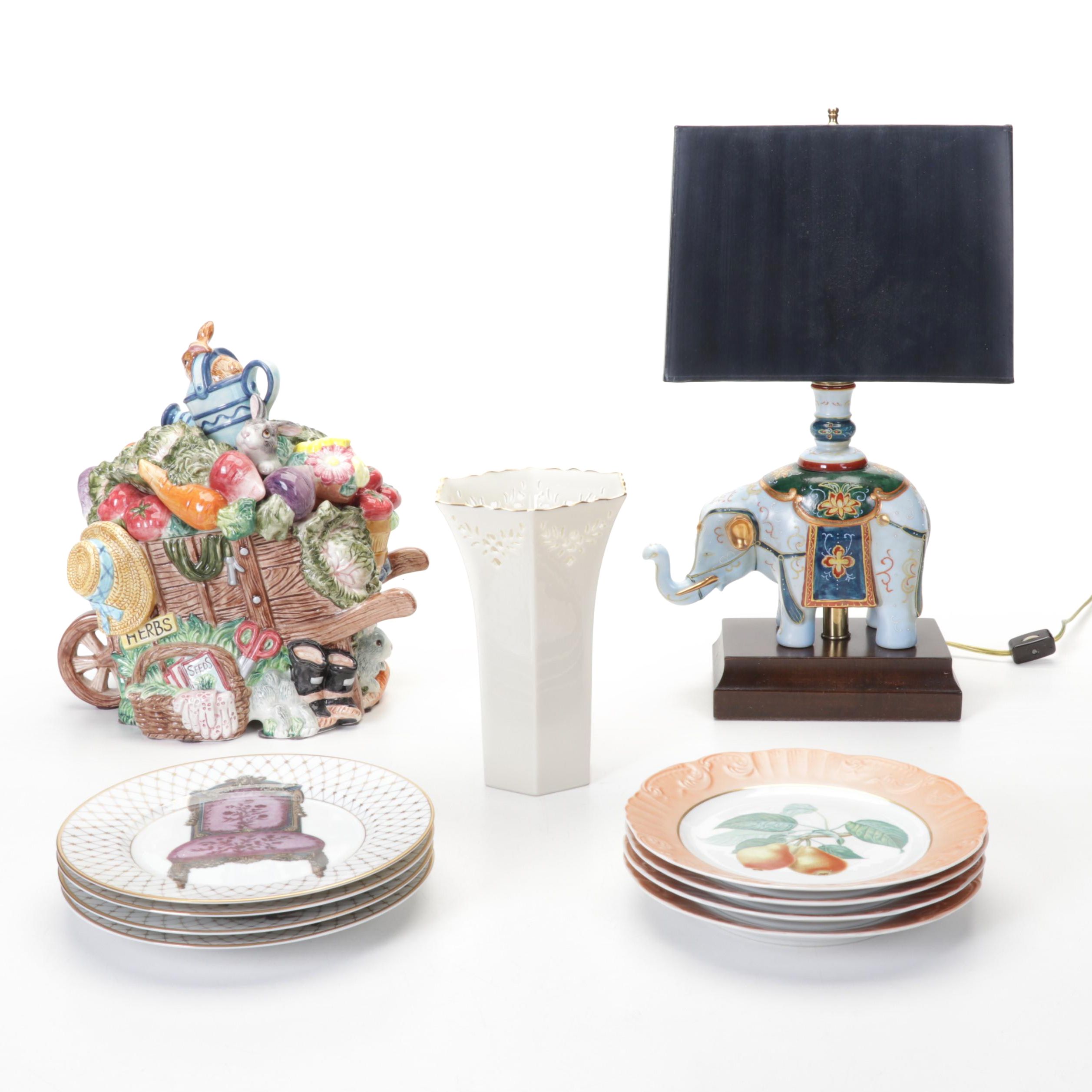 Frederick Cooper Elephant Lamp, Mottahedeh "Summer Fruit" Plates, & More