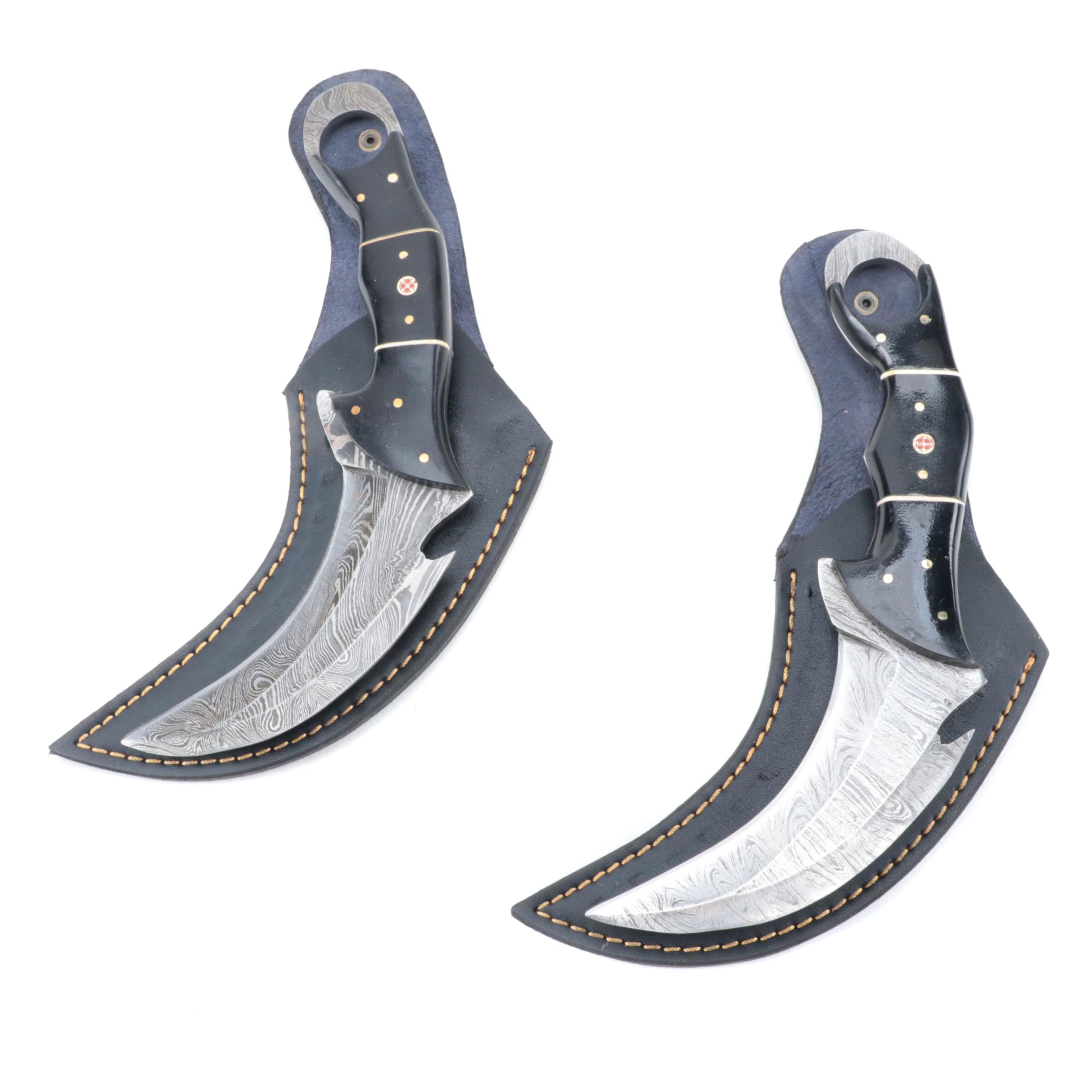 Damascus Steel Karambit Style Knives with Leather Scabbards