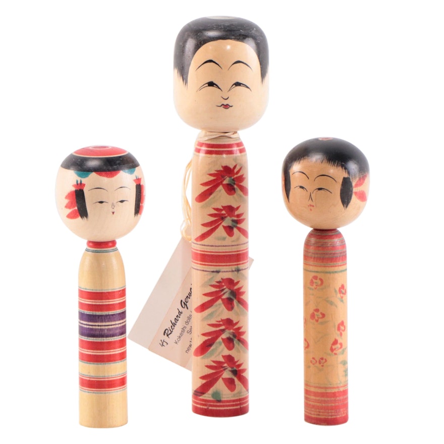 Japanese Hand-Painted Carved Wooden Kokeshi Dolls