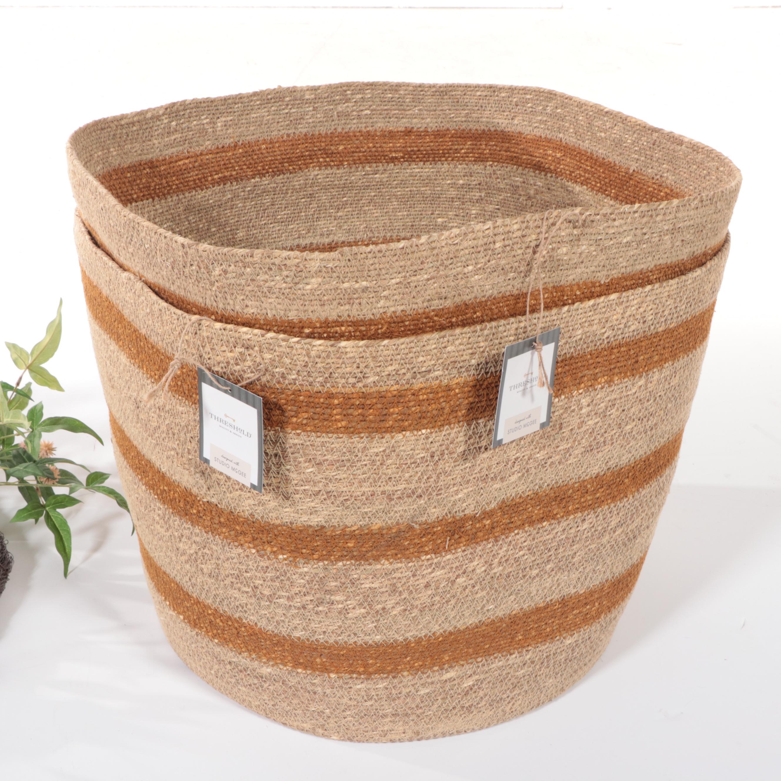 Pair of Threshold Natural Seagrass Baskets with Asymmetrical Wreath