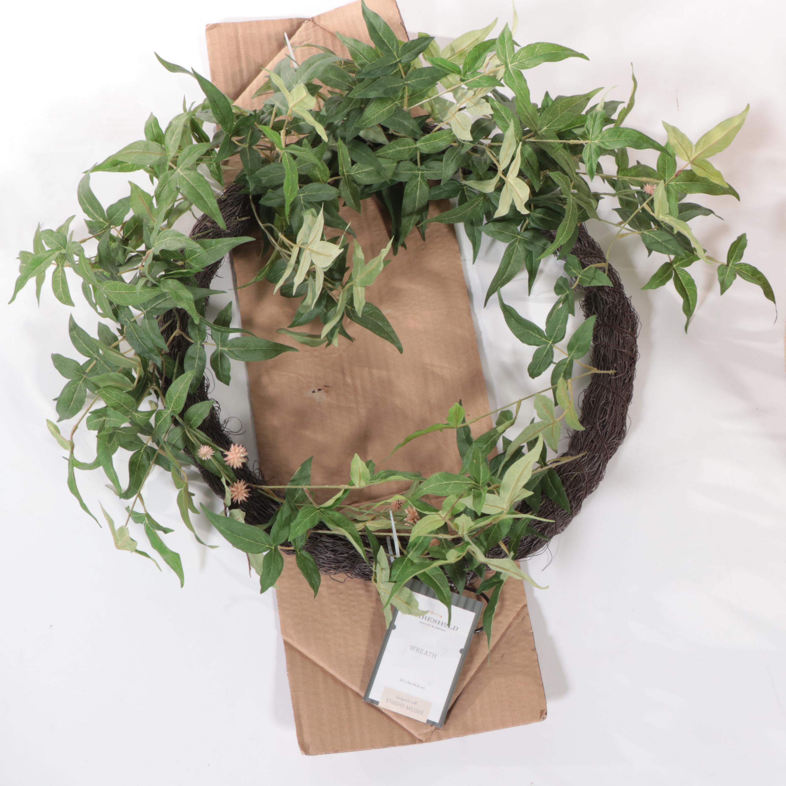 Pair of Threshold Natural Seagrass Baskets with Asymmetrical Wreath