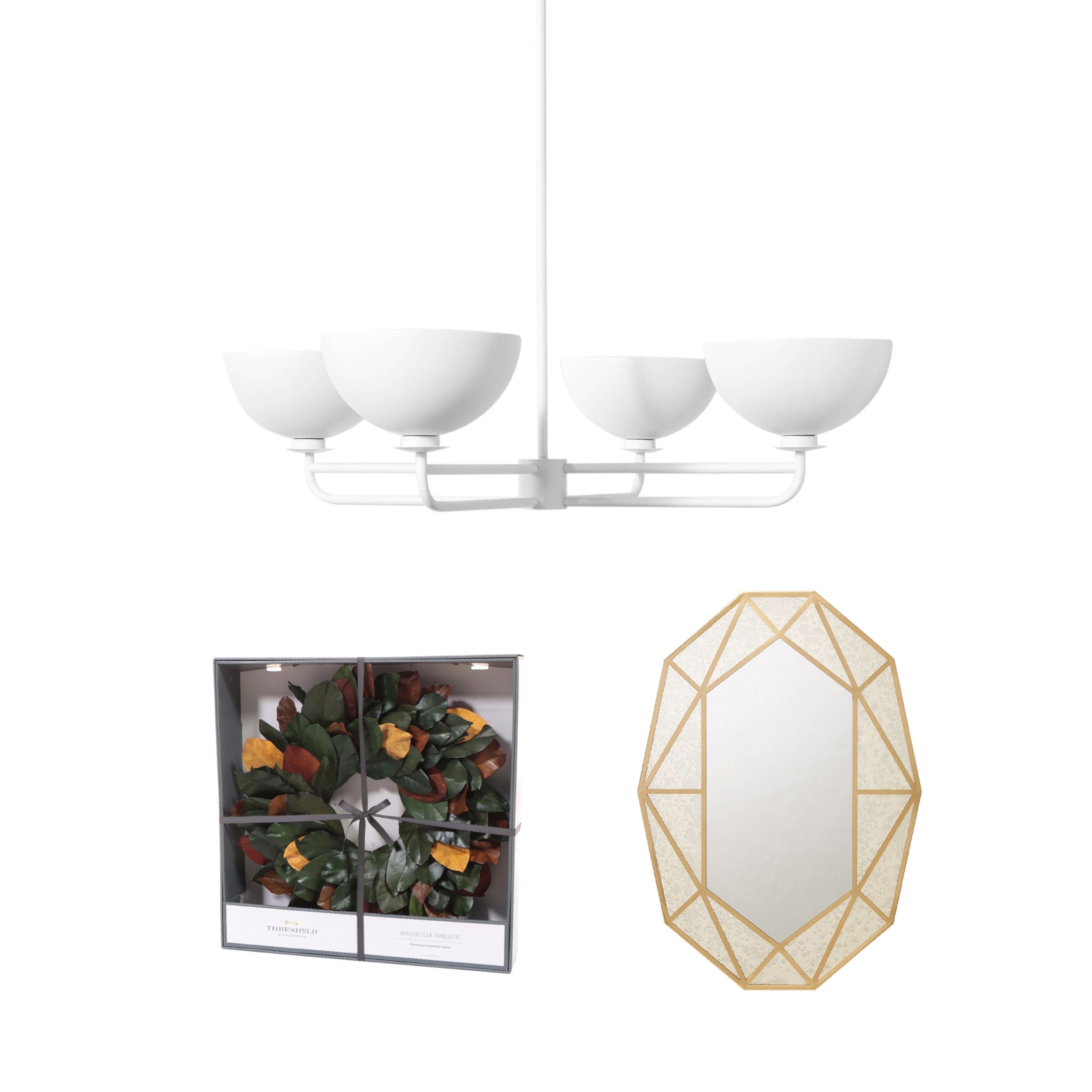 Threshold White Dome Chandelier with Geometric Mirror and Magnolia Leaf Wreath