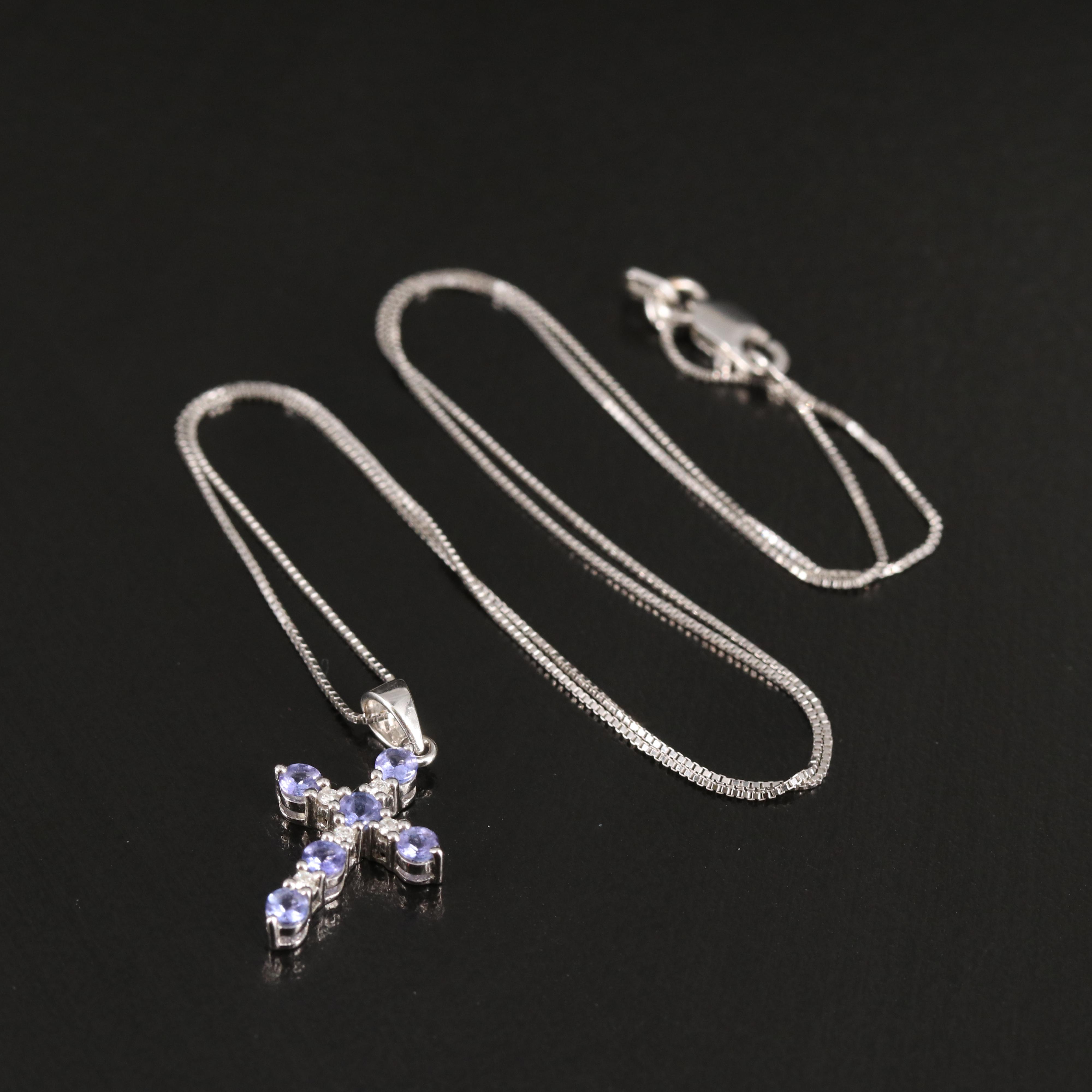 14K Tanzanite and Diamond Cross Pendant Necklace