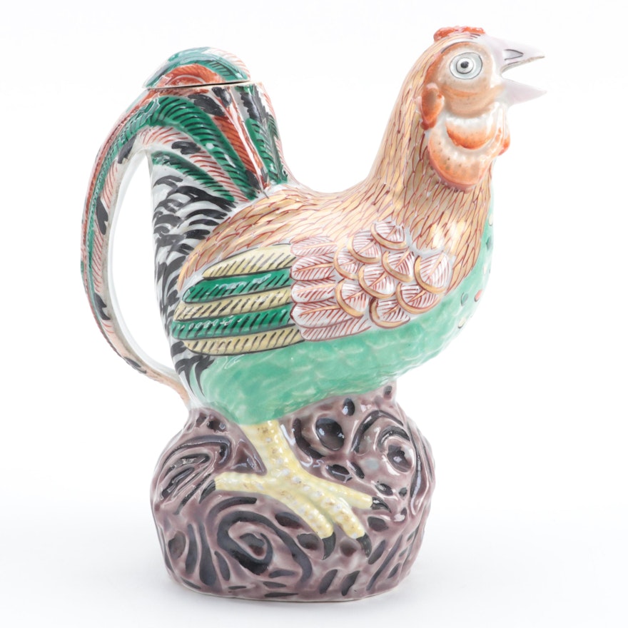 Chinese Hand-Painted Porcelain Rooster Pitcher