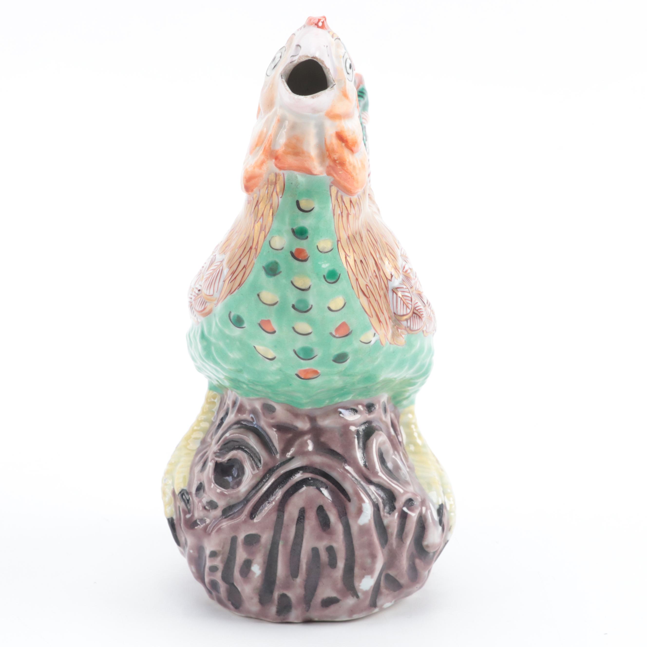 Chinese Hand-Painted Porcelain Rooster Pitcher