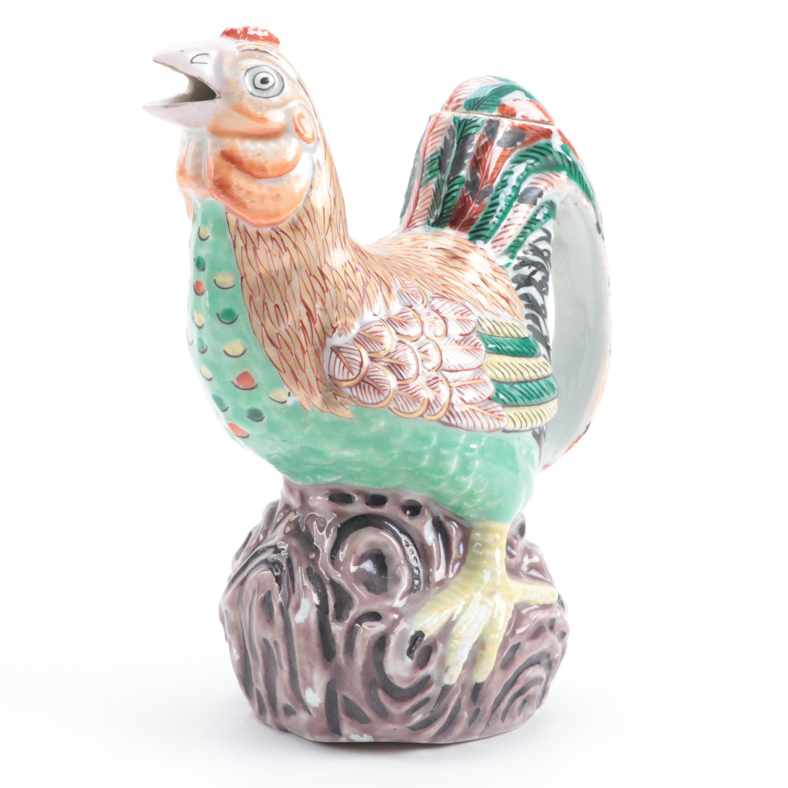 Chinese Hand-Painted Porcelain Rooster Pitcher