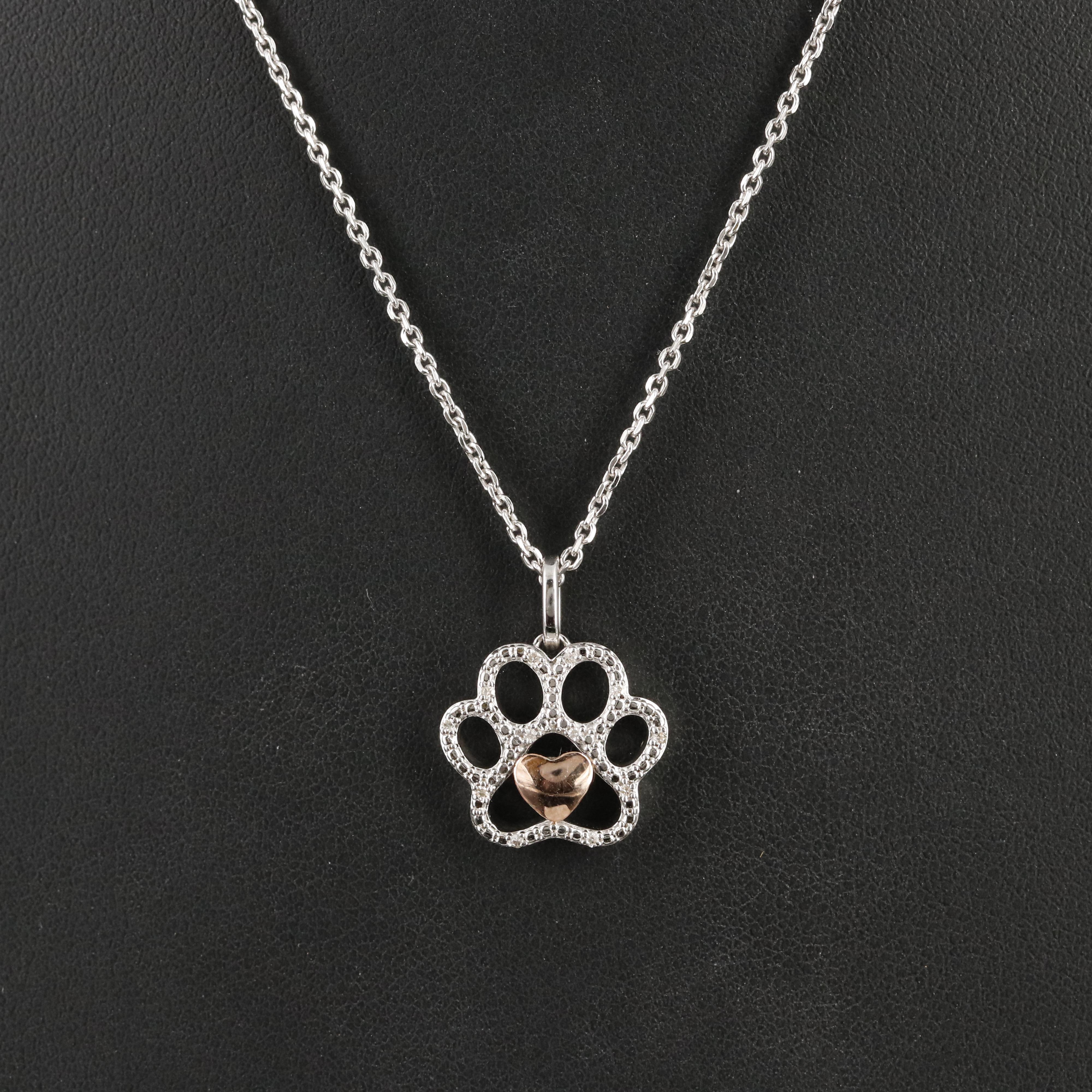 Sterling Diamond Paw Print Necklace with 10K Rose Gold Accent