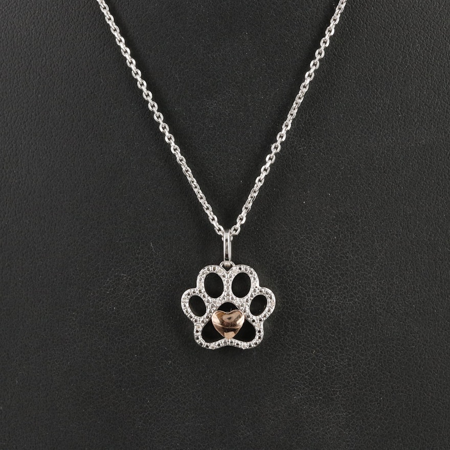 Sterling Diamond Paw Print Necklace with 10K Rose Gold Accent
