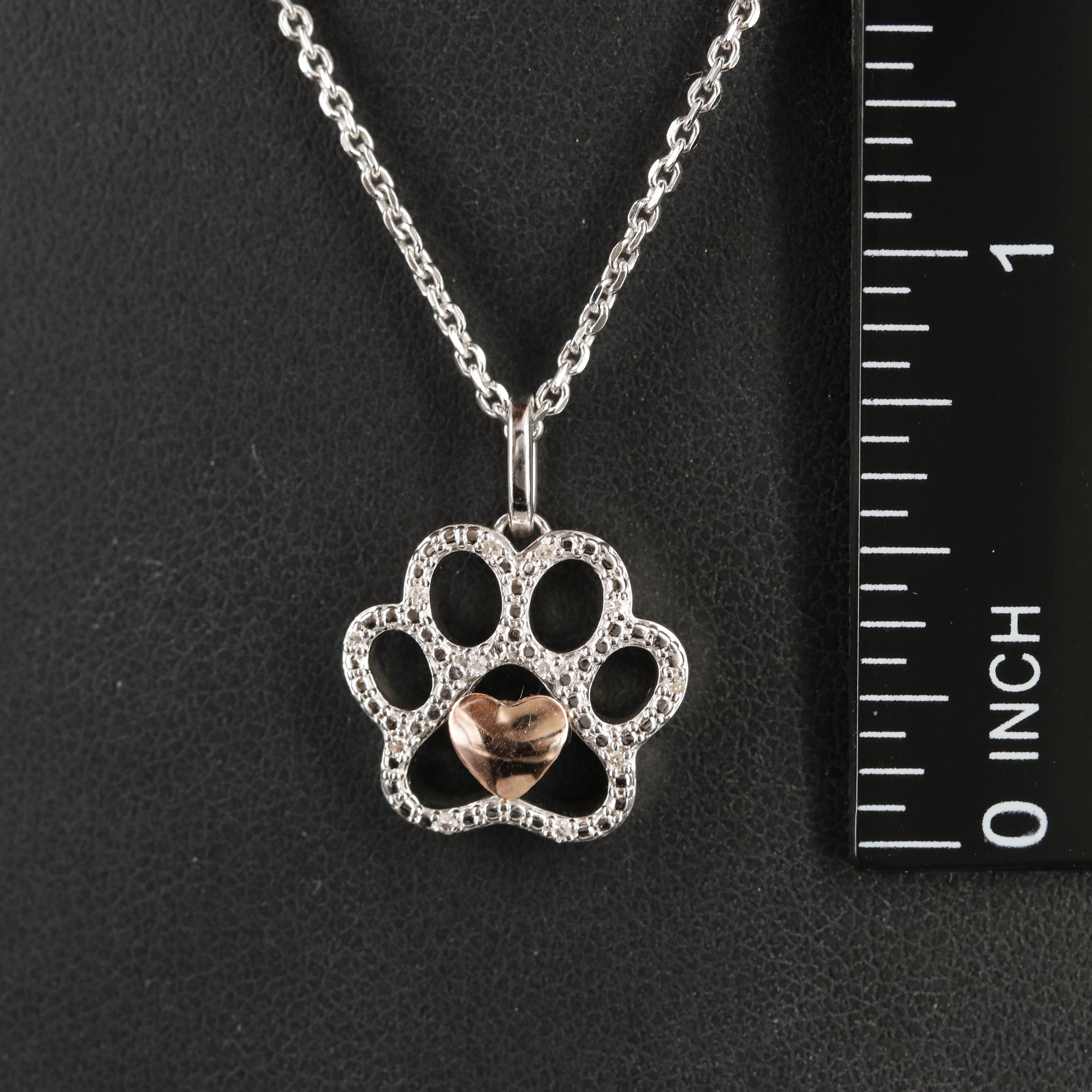 Sterling Diamond Paw Print Necklace with 10K Rose Gold Accent