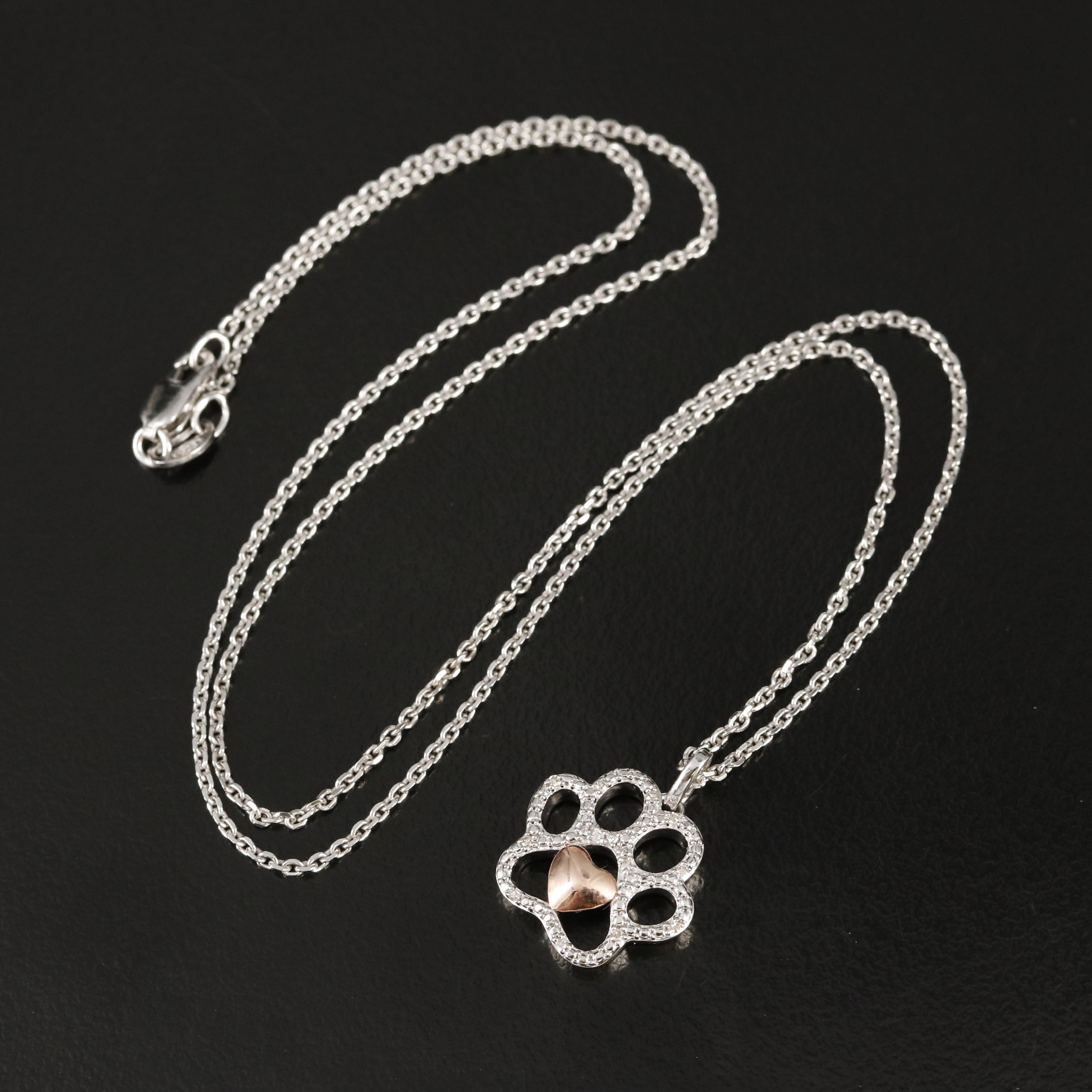 Sterling Diamond Paw Print Necklace with 10K Rose Gold Accent