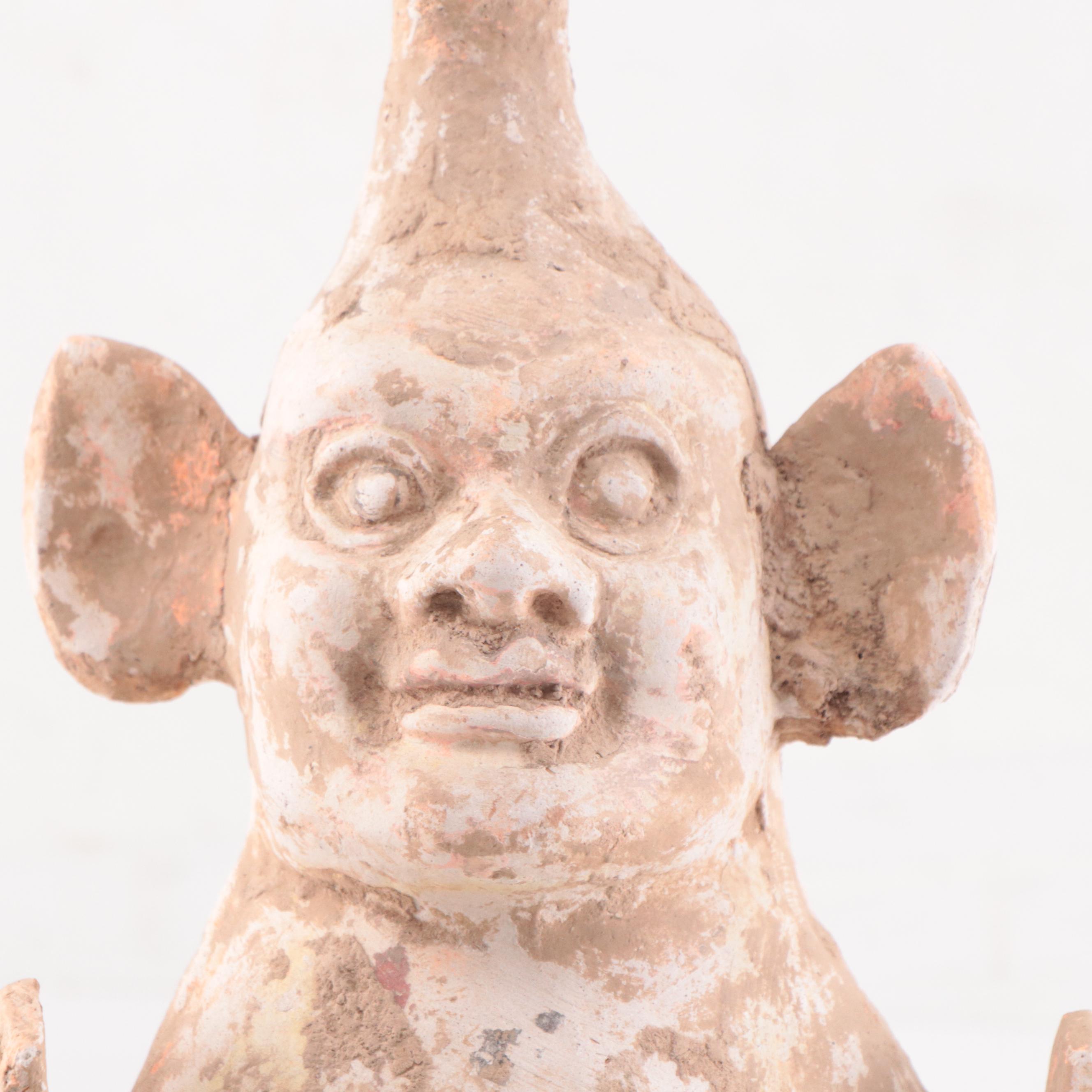 Chinese Straw Glazed Earthenware Tomb Guardian Figure, Probably Tang Dynasty