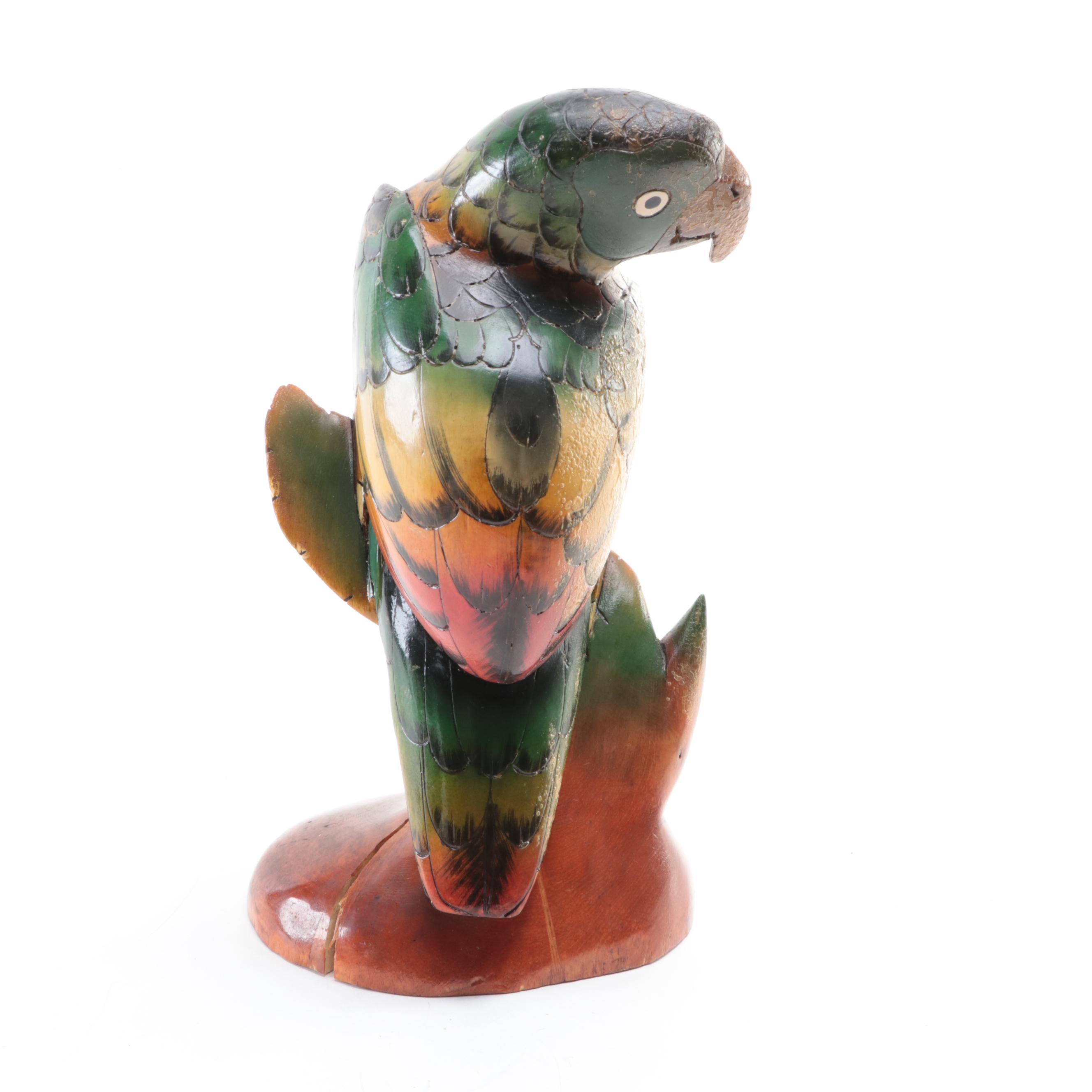 Painted Carved Wood Parrot Figurine