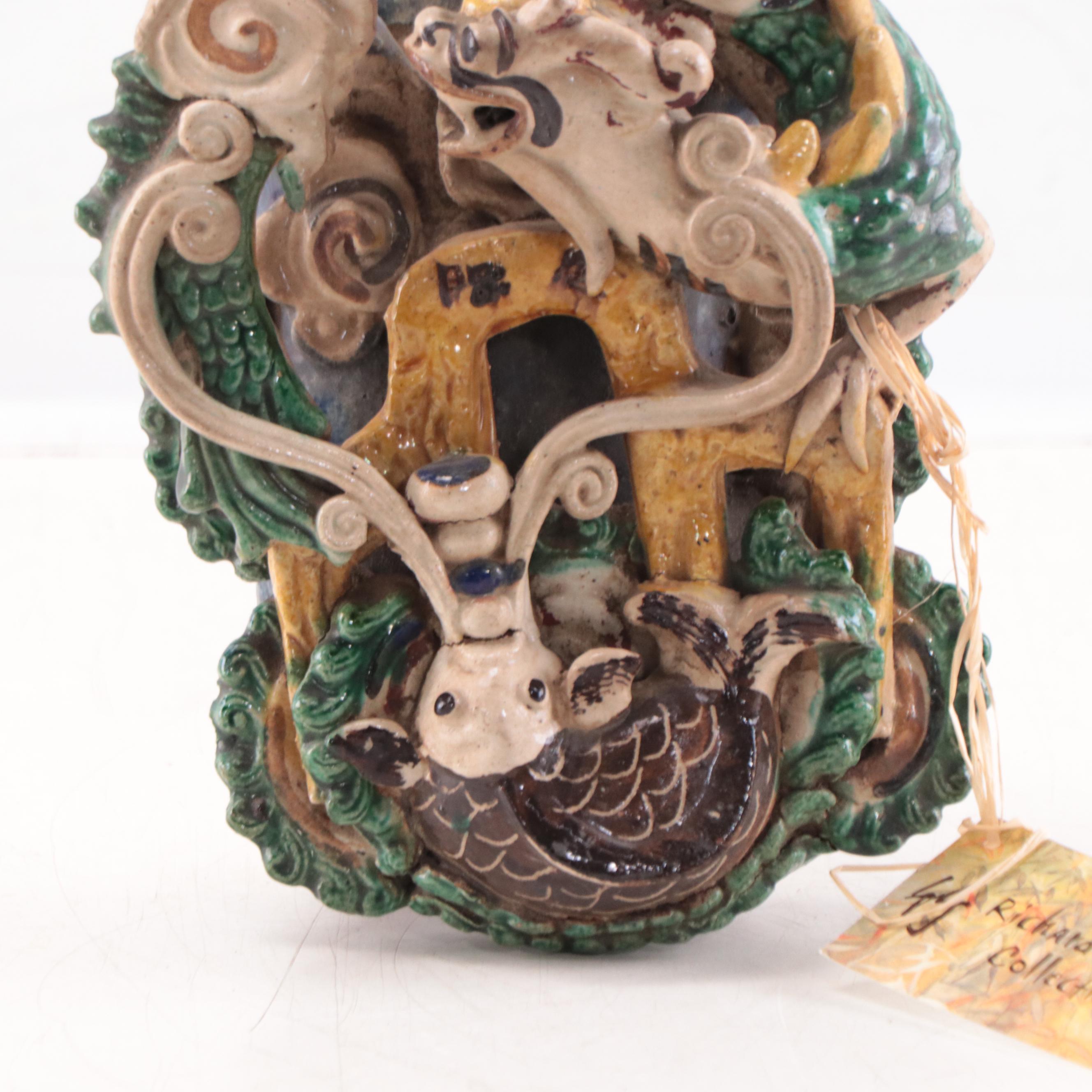 Chinese Shiwan Kilns Dragon and Carp Stoneware Wall Pocket, Early 20th Century