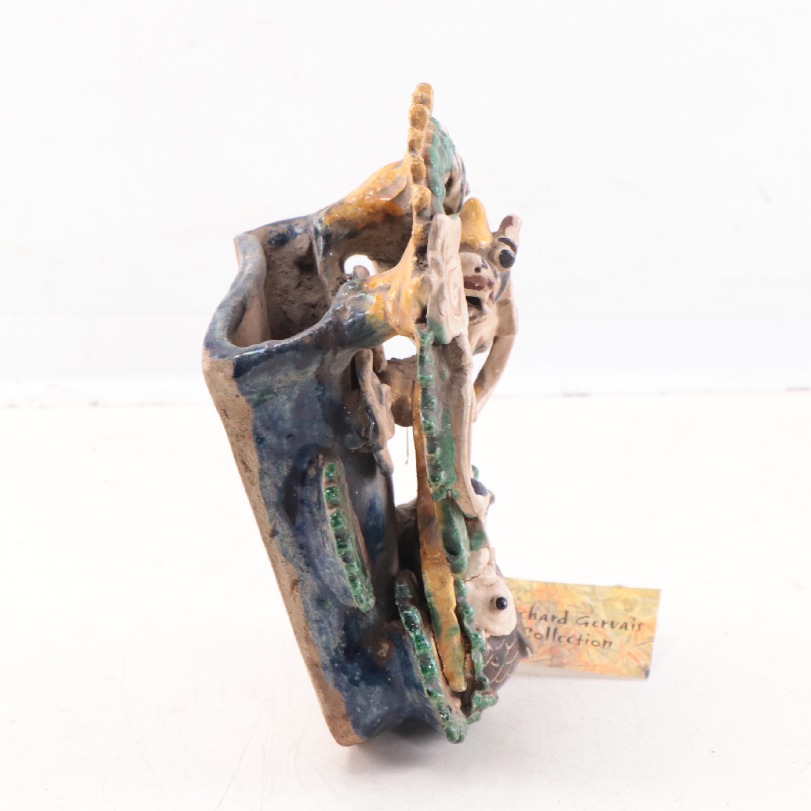 Chinese Shiwan Kilns Dragon and Carp Stoneware Wall Pocket, Early 20th Century