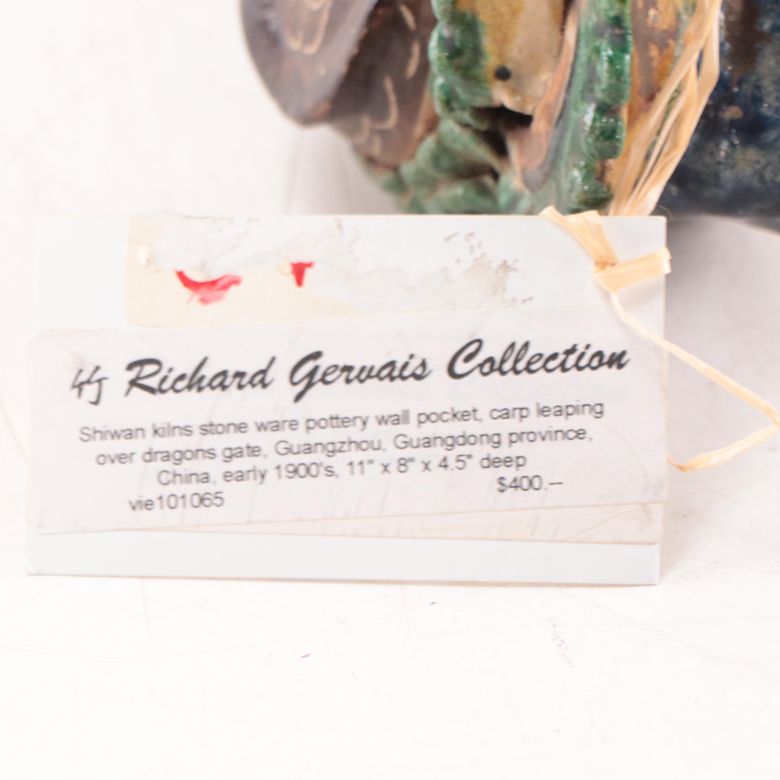 Chinese Shiwan Kilns Dragon and Carp Stoneware Wall Pocket, Early 20th Century