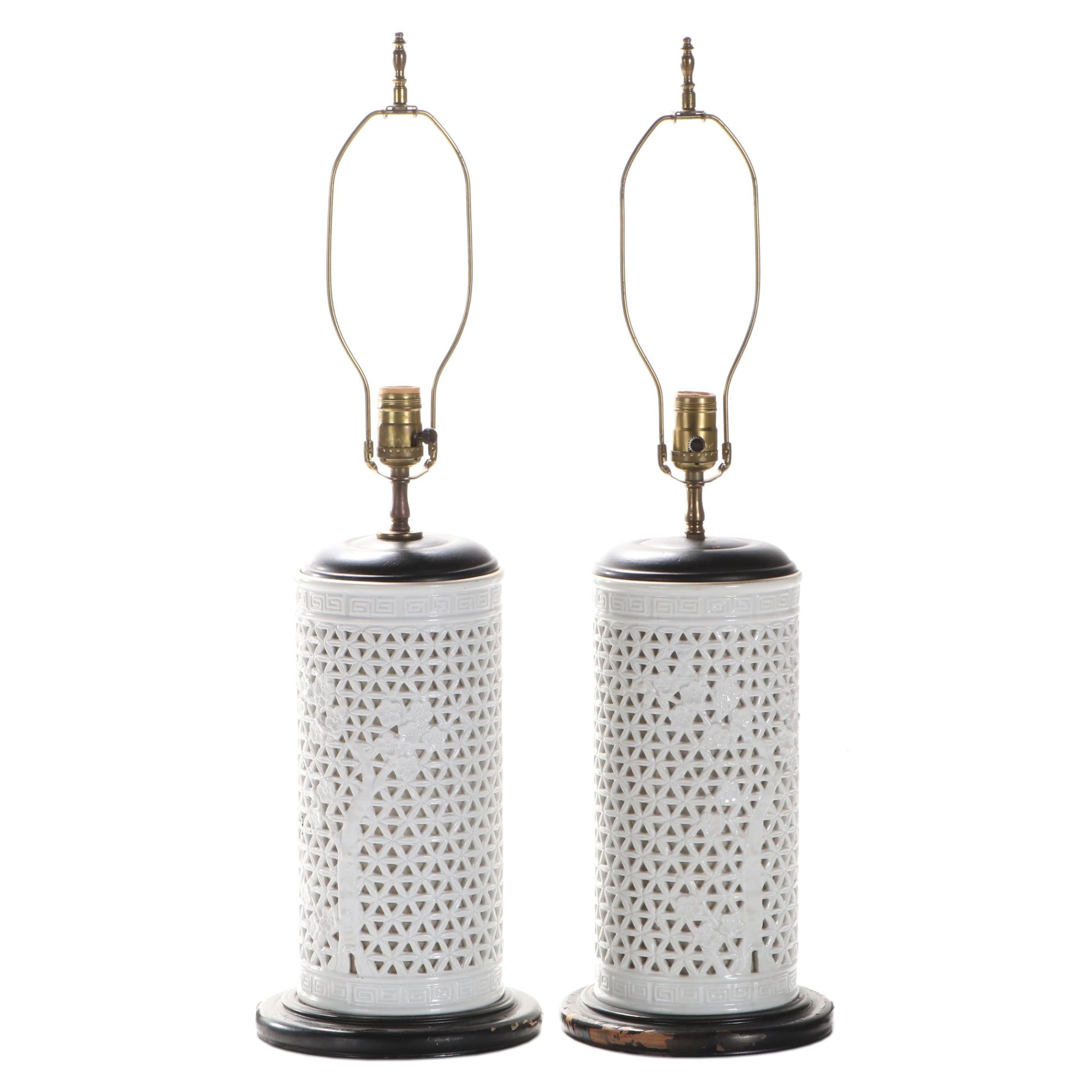Pair of Blanc de Chine Pierced Porcelain Table Lamps