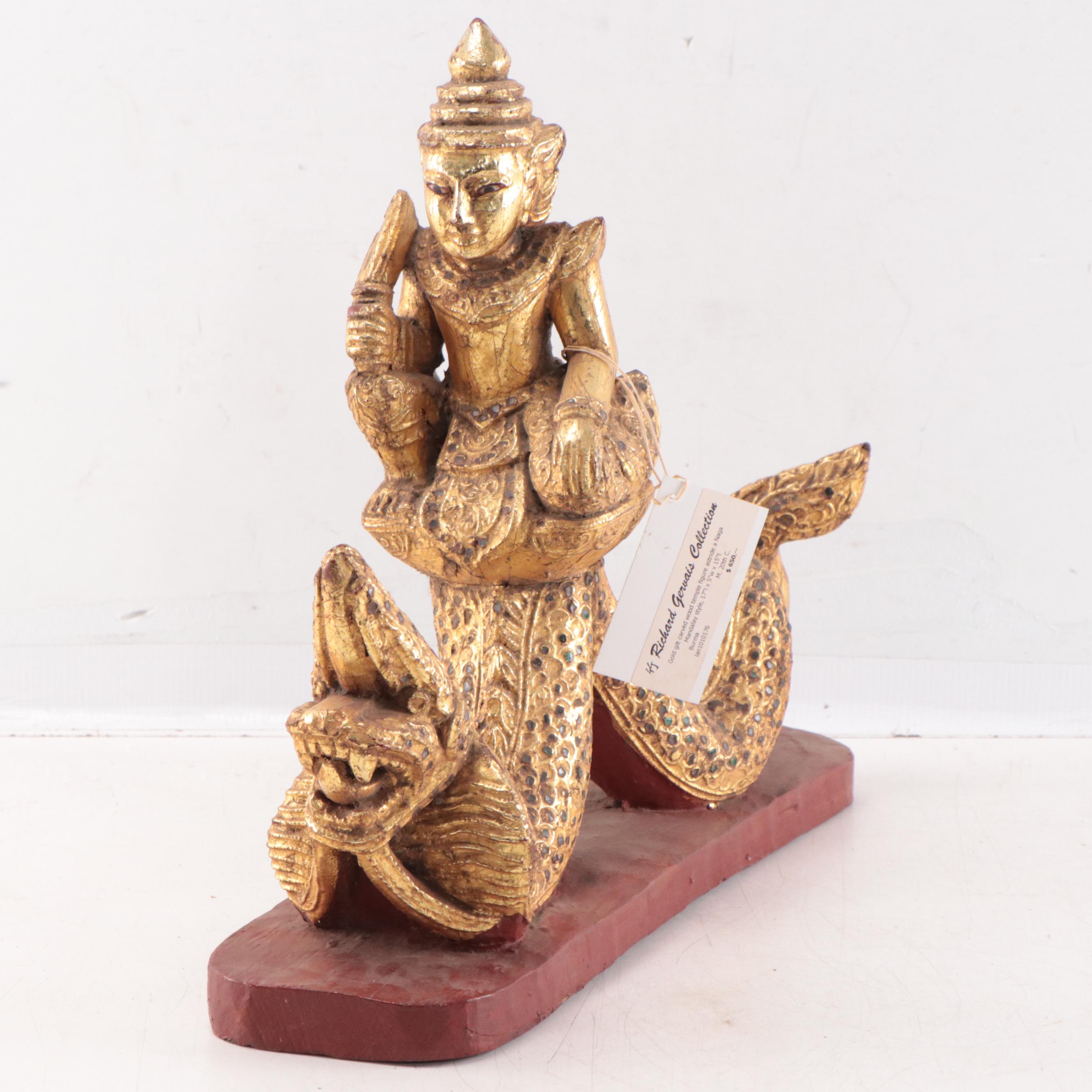 Burmese Gilt Temple Figure on Naga Mandala, Mid-20th Century