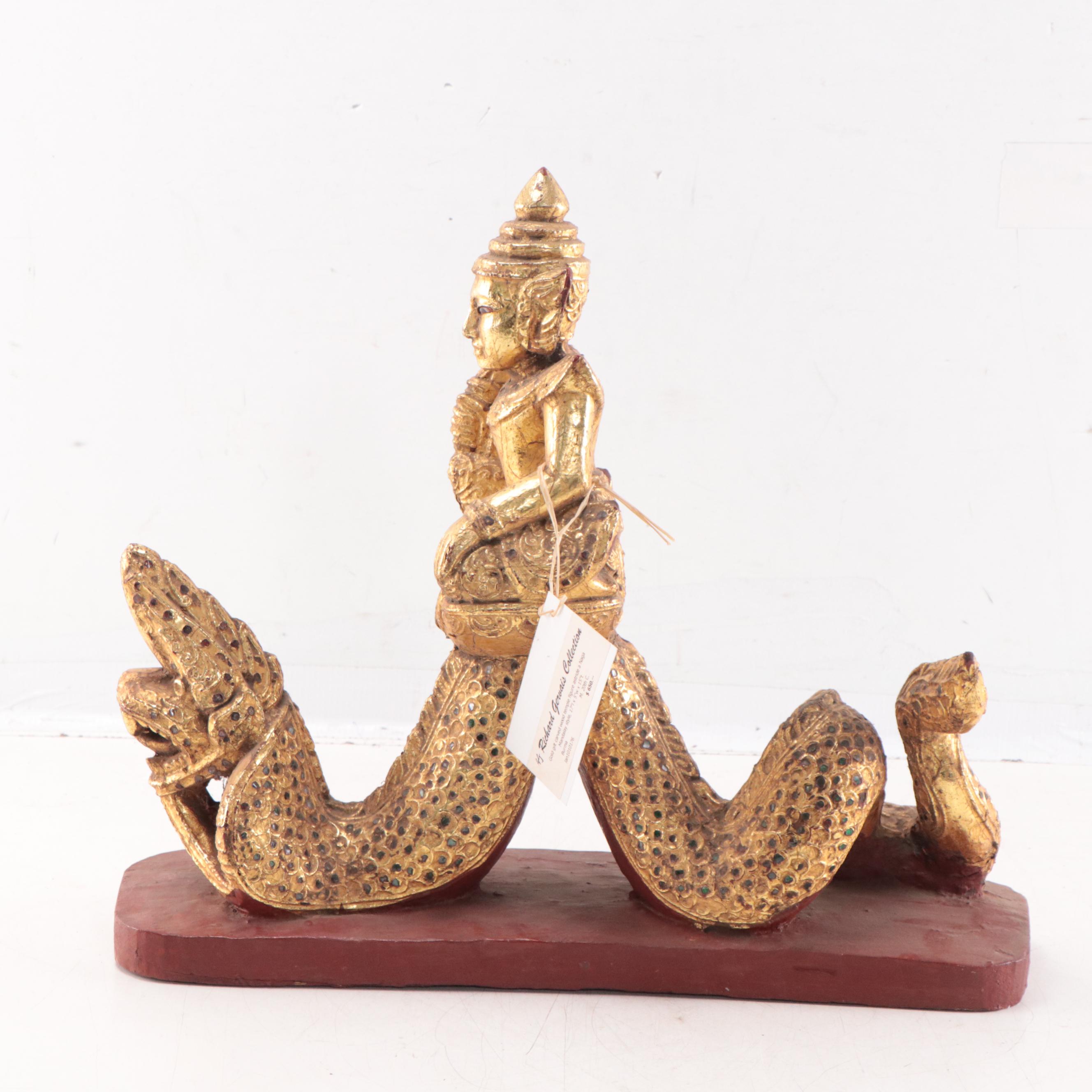 Burmese Gilt Temple Figure on Naga Mandala, Mid-20th Century