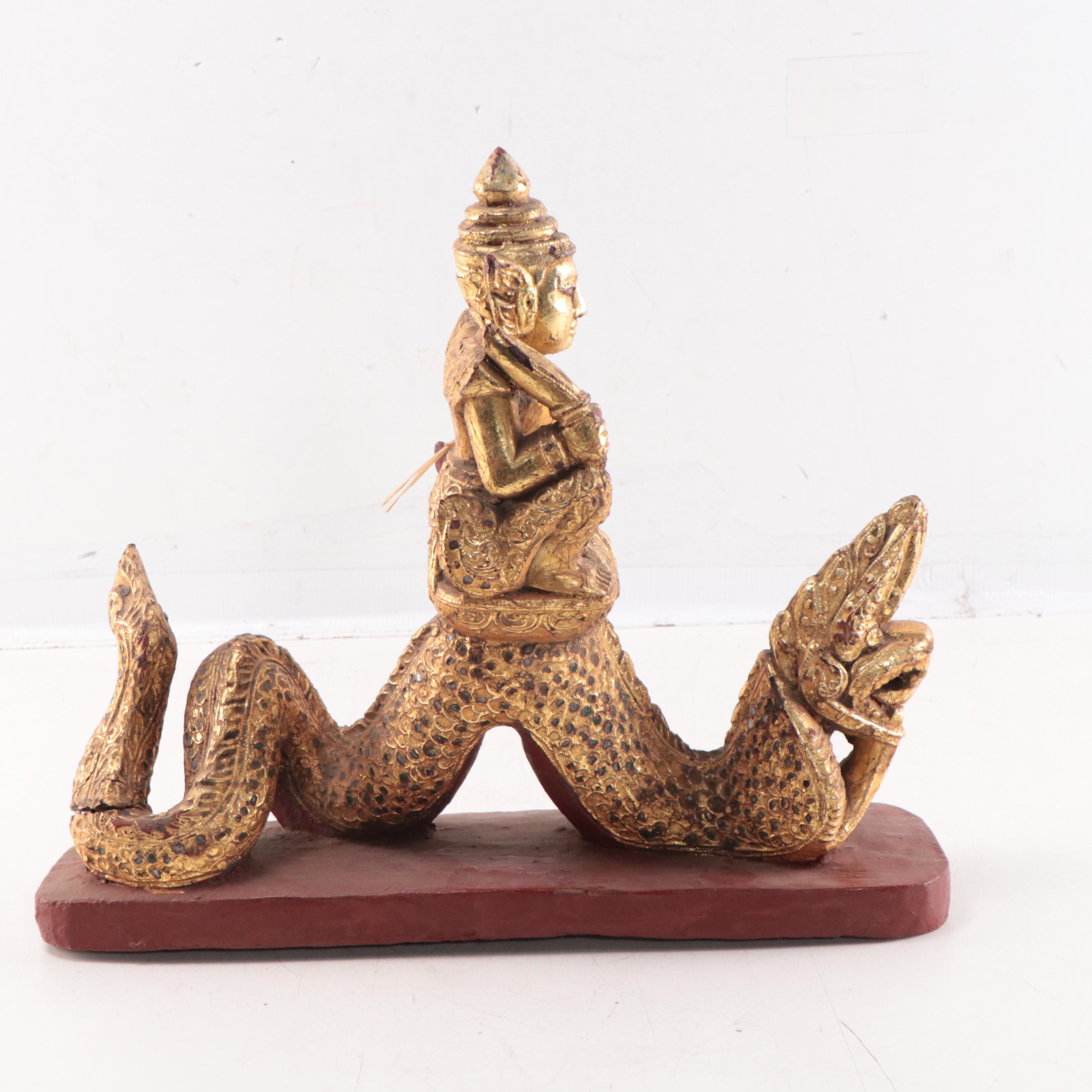 Burmese Gilt Temple Figure on Naga Mandala, Mid-20th Century