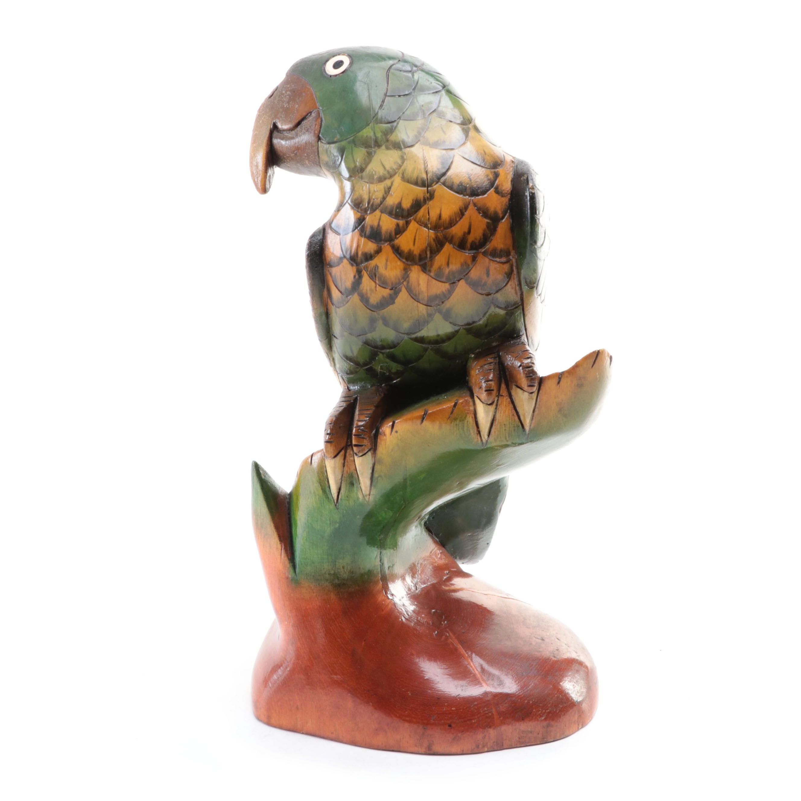 Painted Carved Wood Parrot Figurine