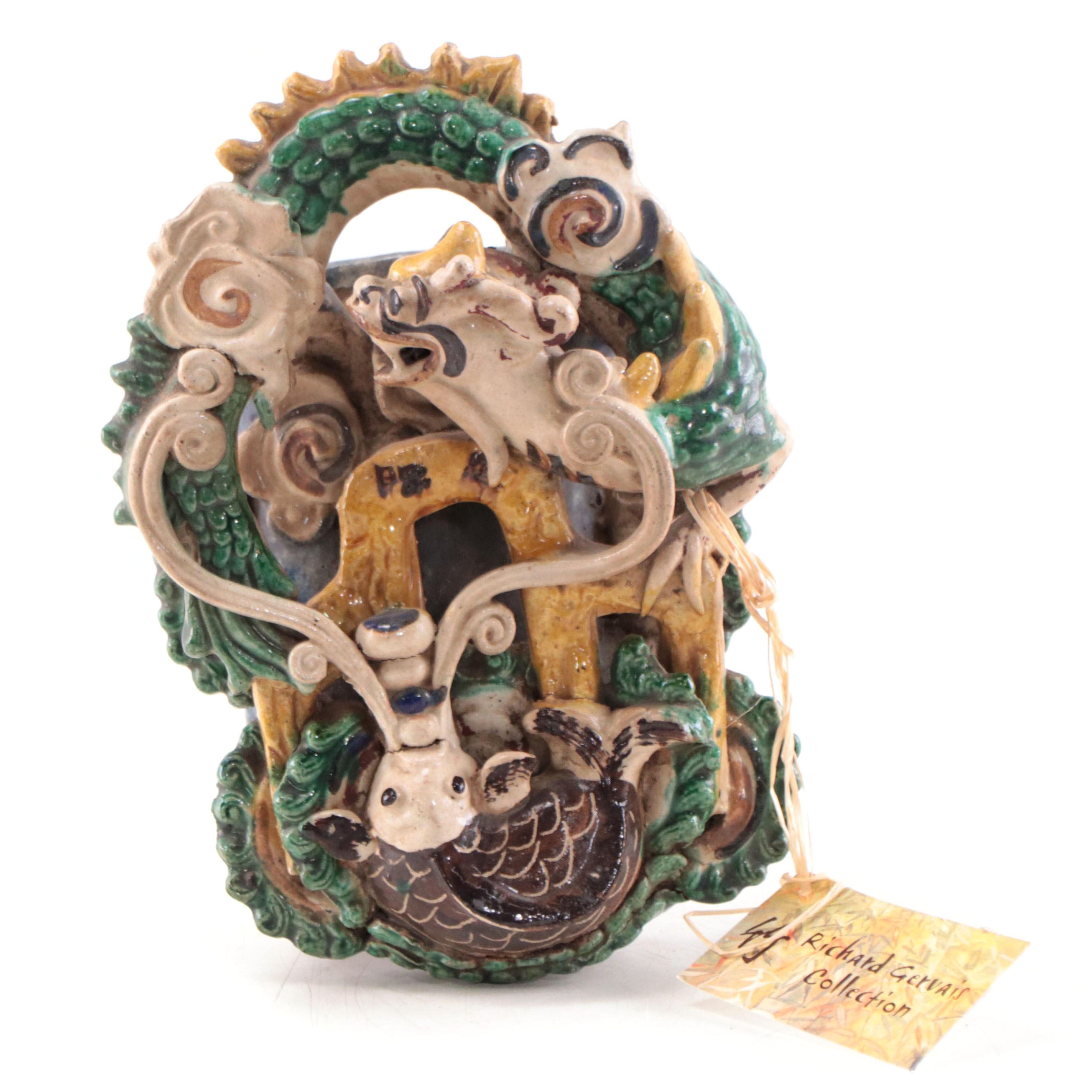 Chinese Shiwan Kilns Dragon and Carp Stoneware Wall Pocket, Early 20th Century