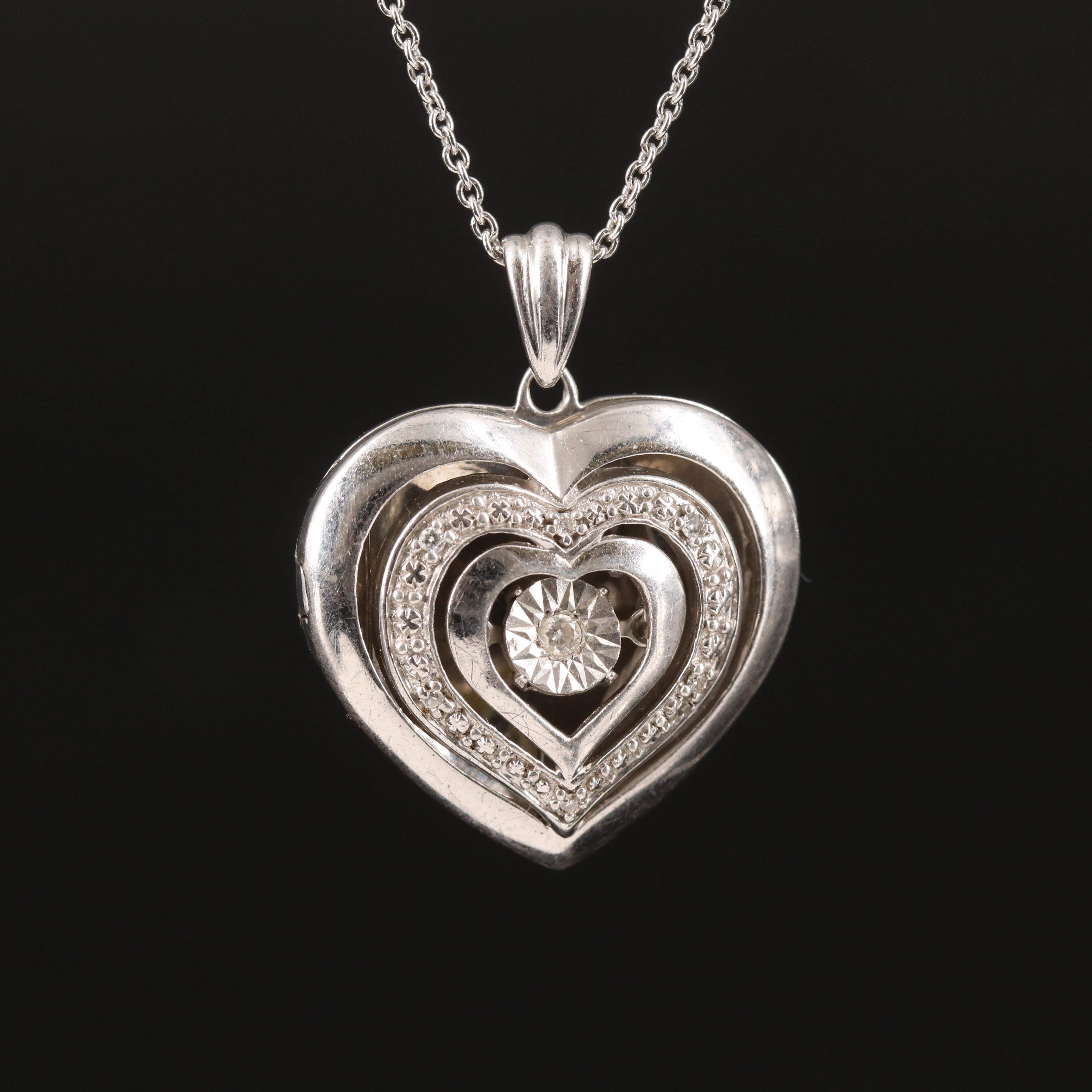 Sterling Diamond Heart Trembler Locket Necklace