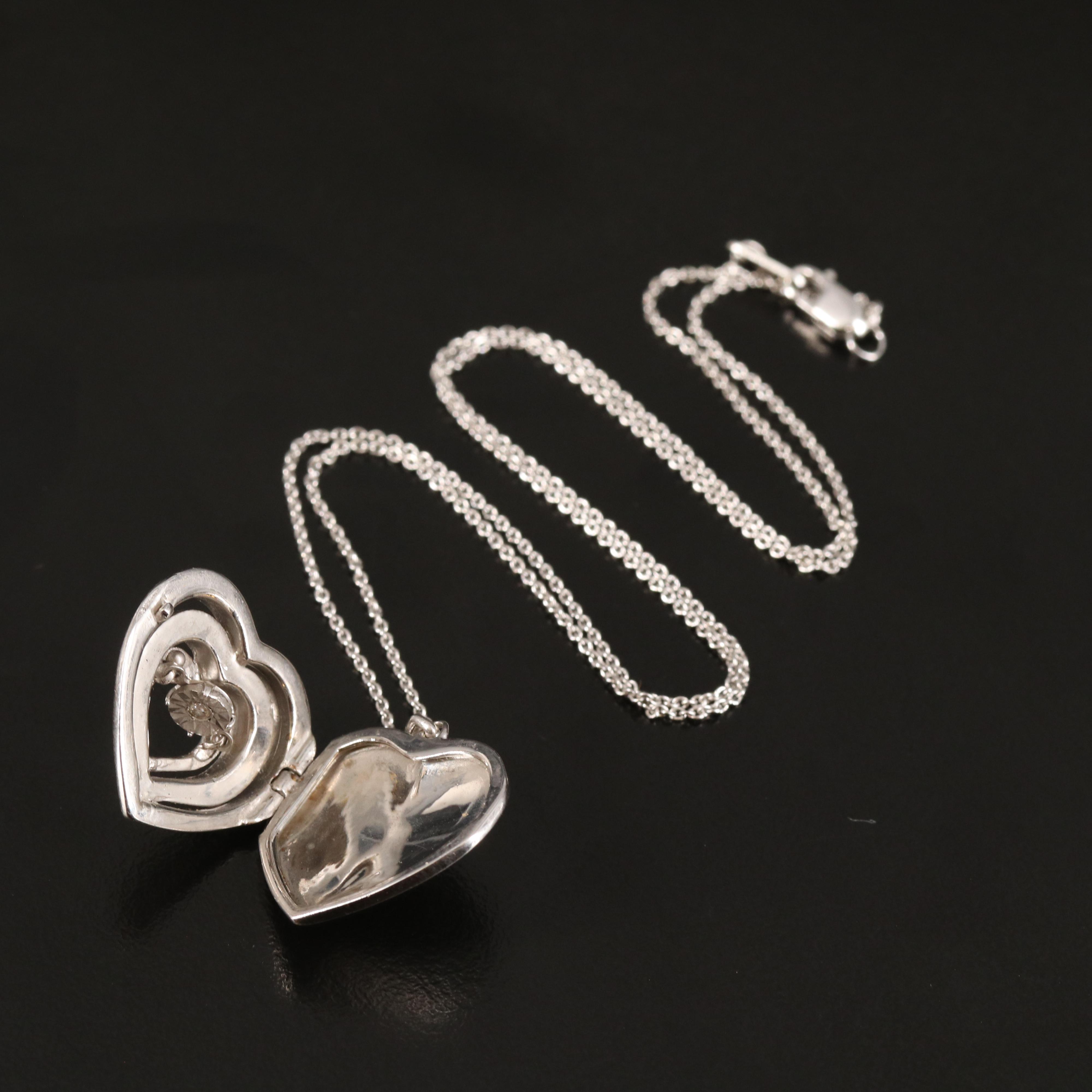 Sterling Diamond Heart Trembler Locket Necklace