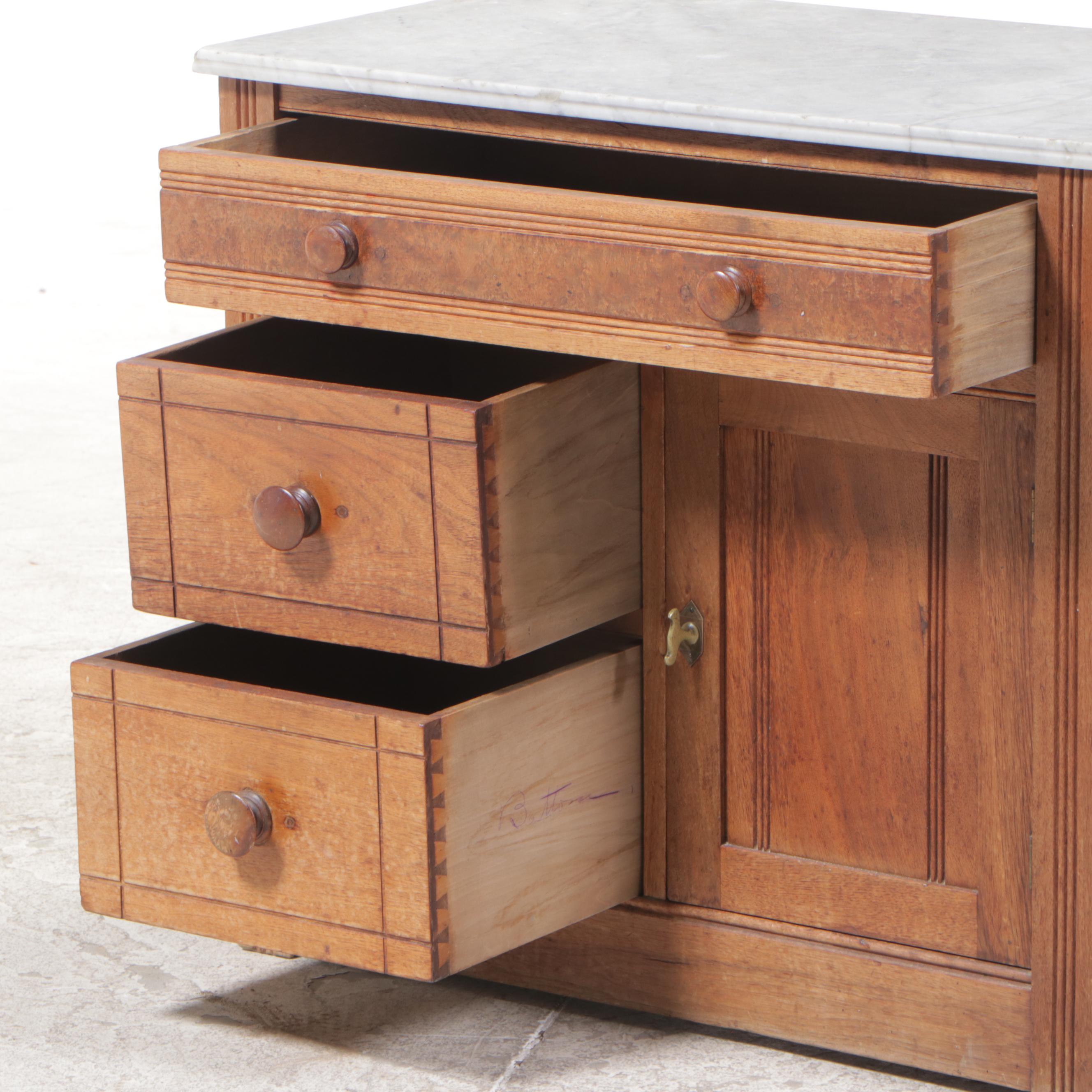 Victorian Walnut, Burl Walnut, and Marble Top Washstand, Late 19th Century