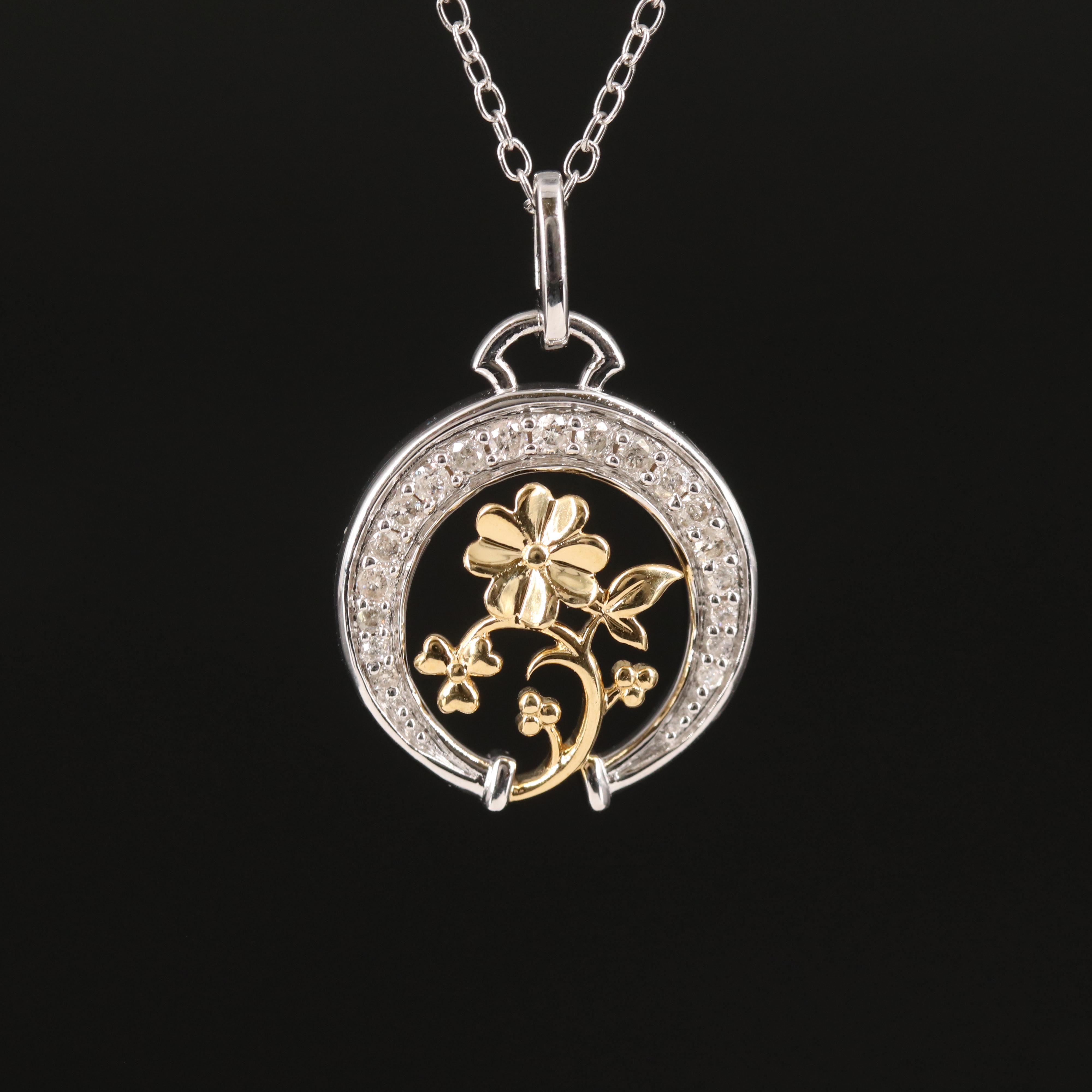 Sterling Diamond Crescent and Flower Necklace