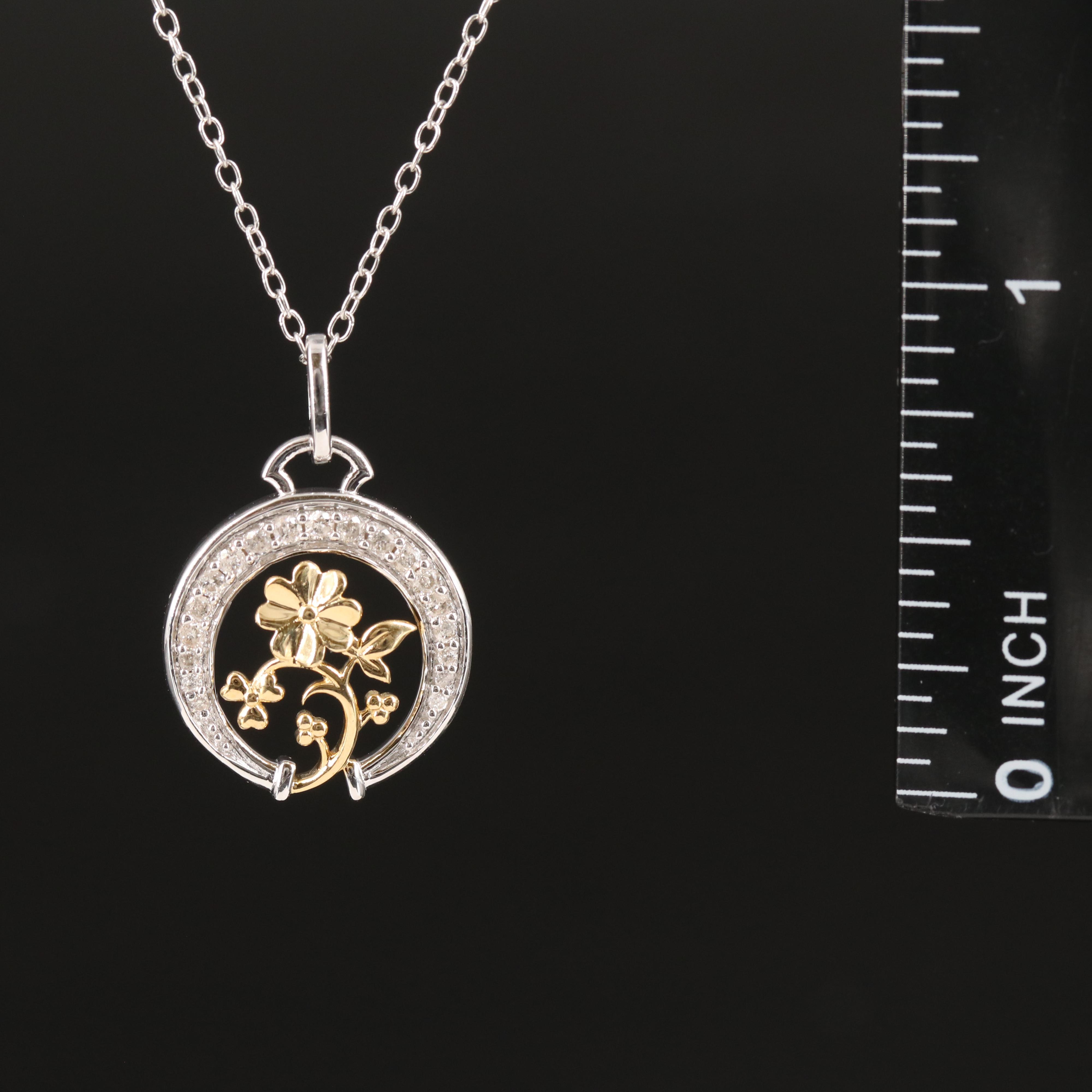 Sterling Diamond Crescent and Flower Necklace