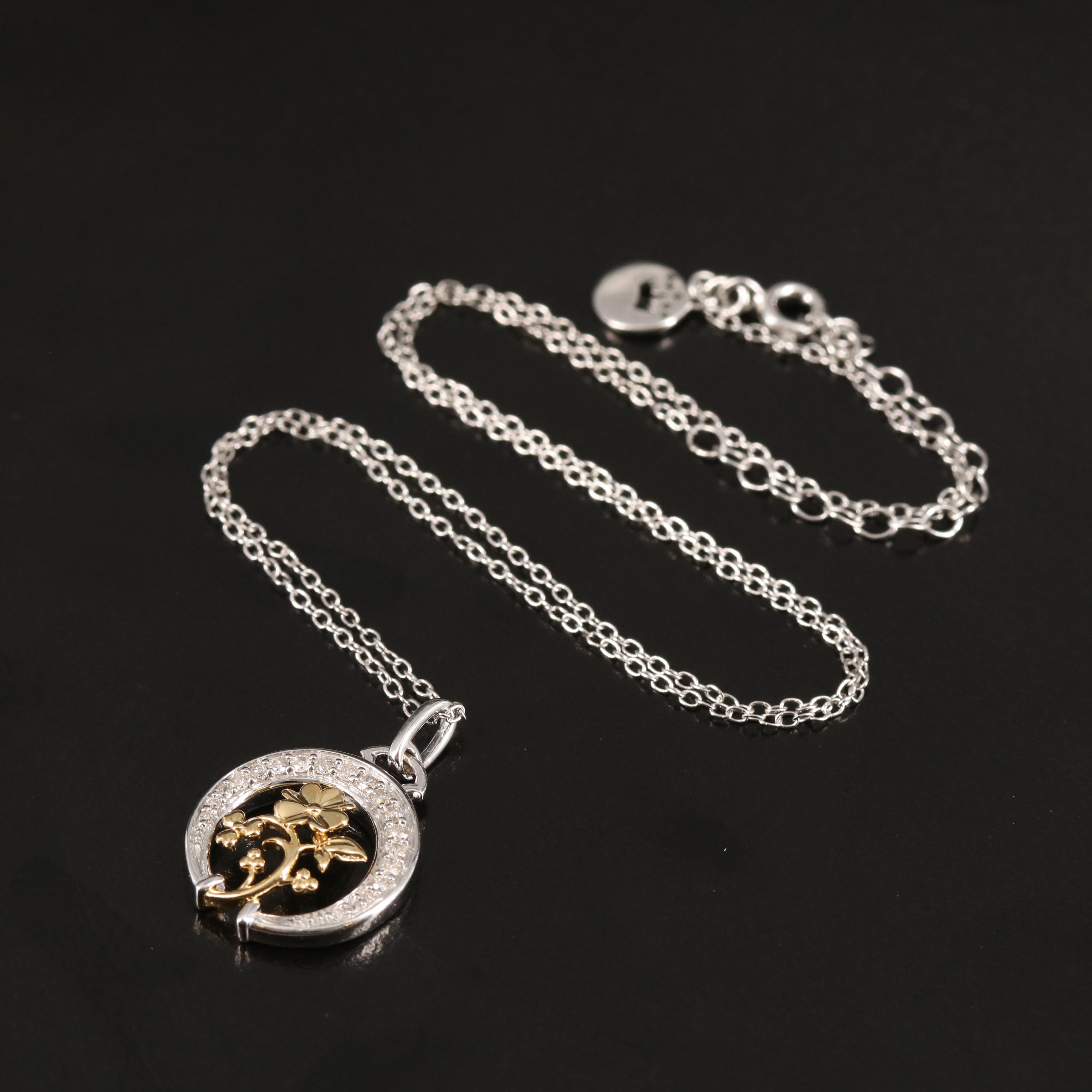 Sterling Diamond Crescent and Flower Necklace