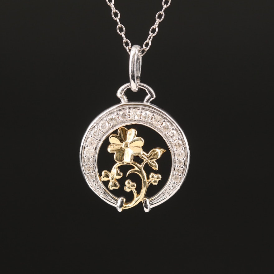 Sterling Diamond Crescent and Flower Necklace