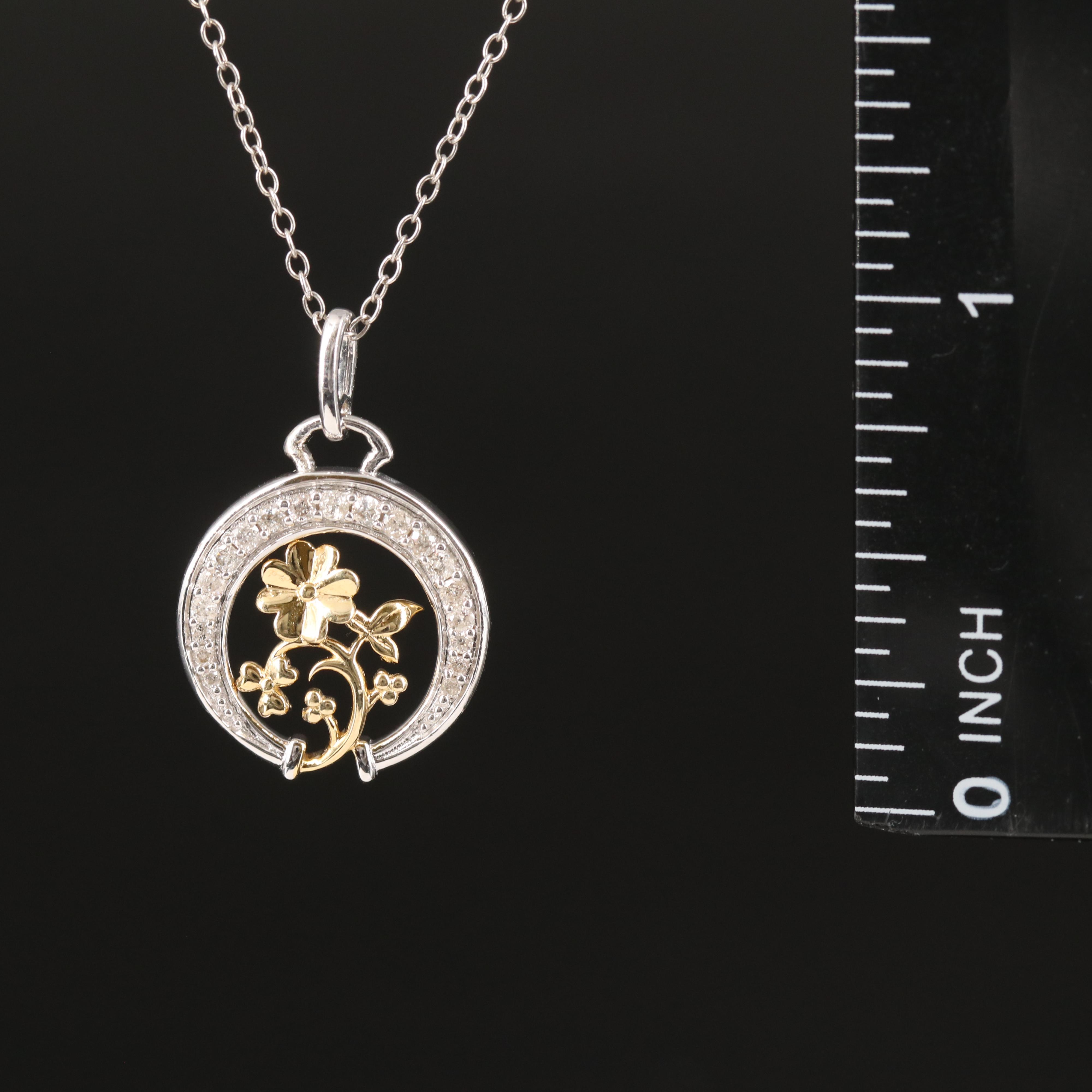 Sterling Diamond Crescent and Flower Necklace