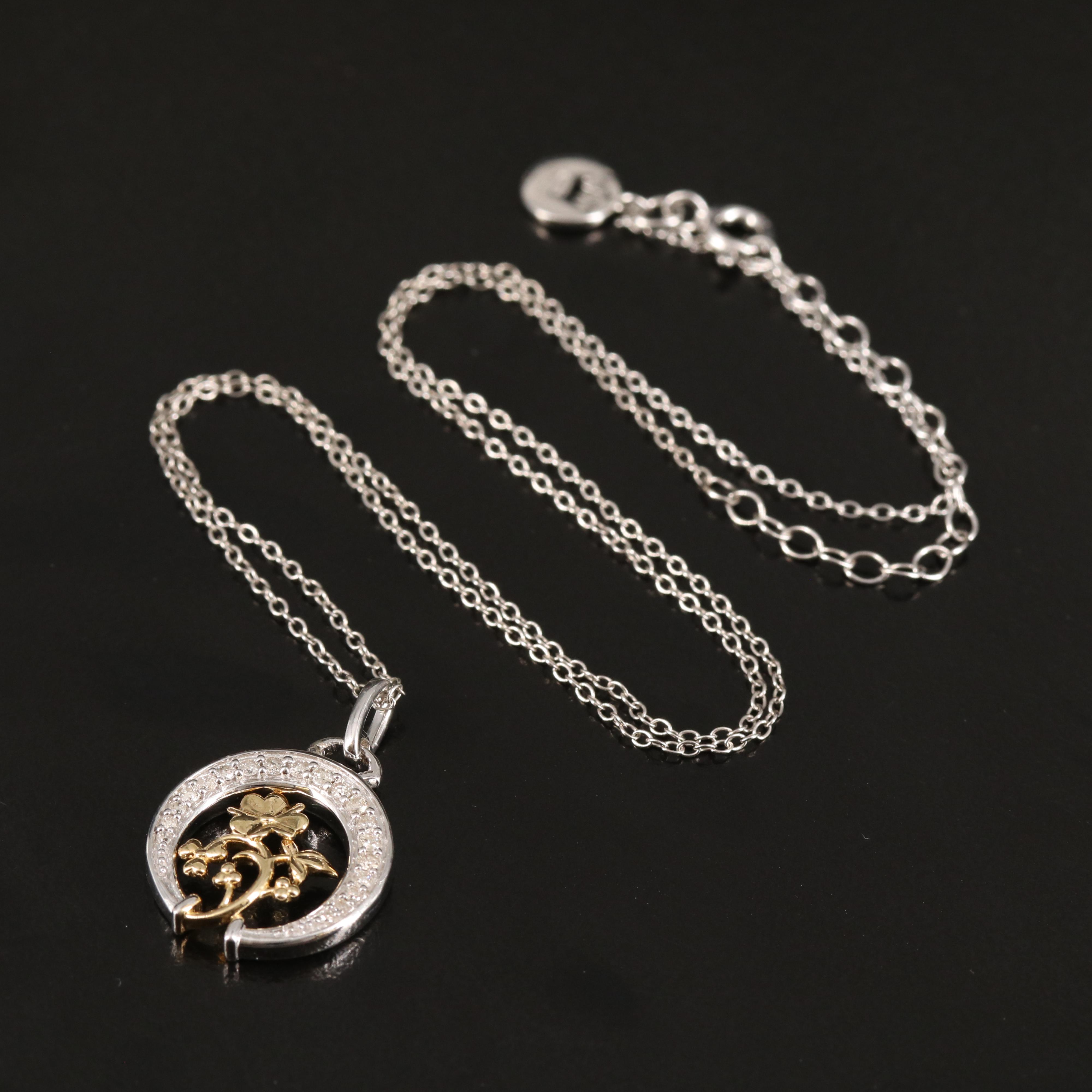 Sterling Diamond Crescent and Flower Necklace