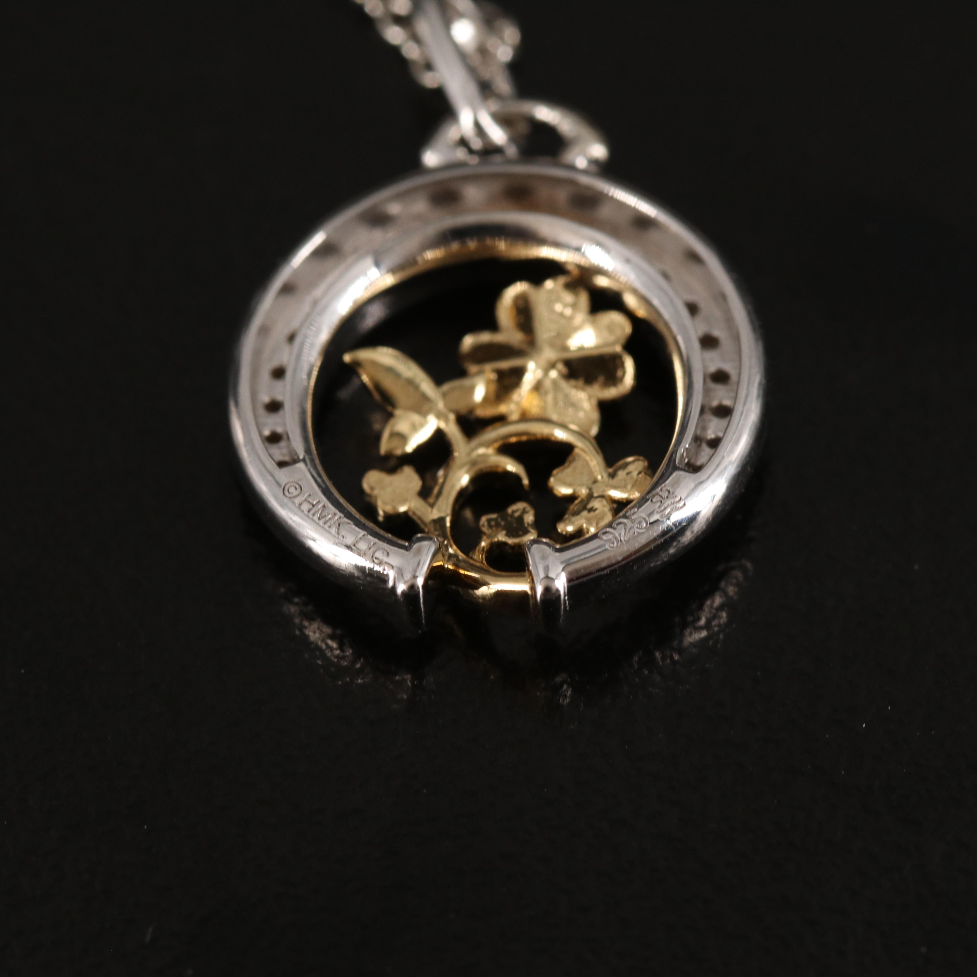 Sterling Diamond Crescent and Flower Necklace