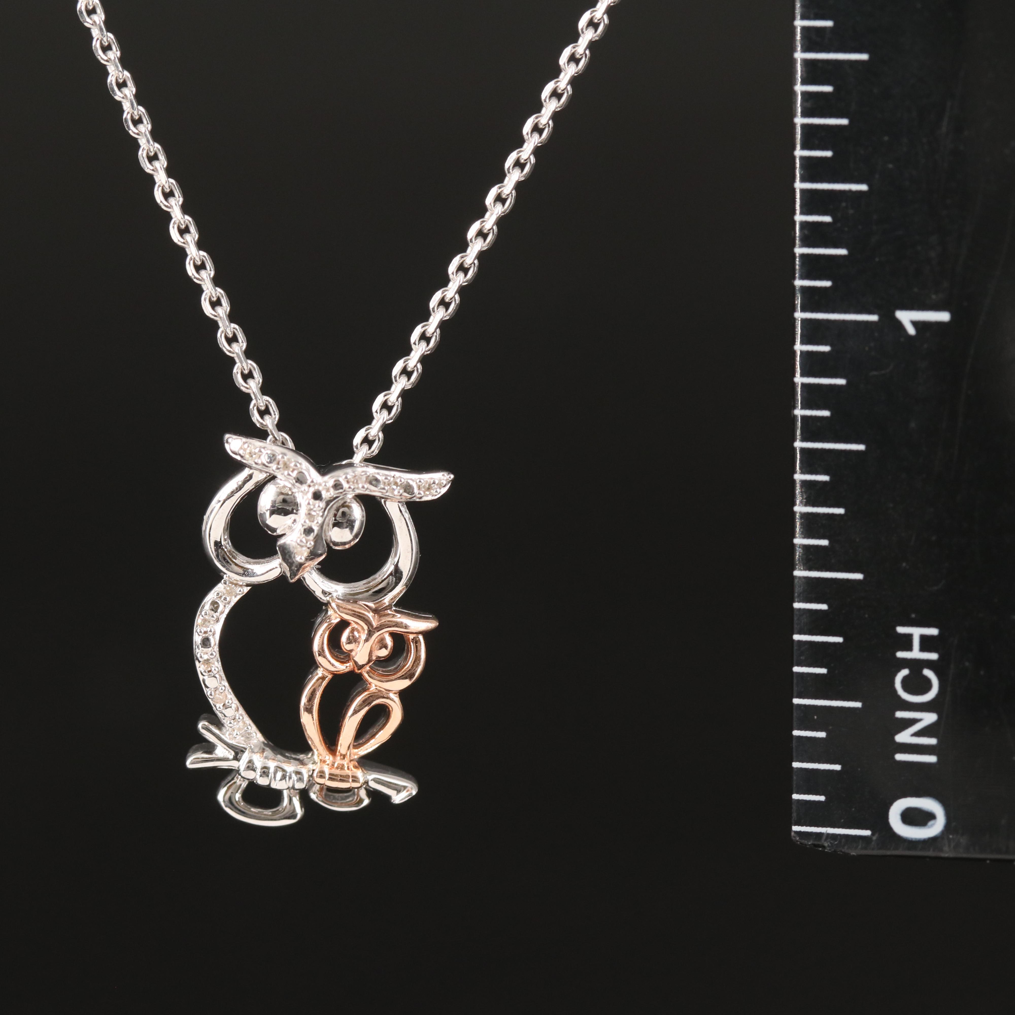 Sterling Diamond Owl Pendant Necklace with 10K Rose Gold Accent