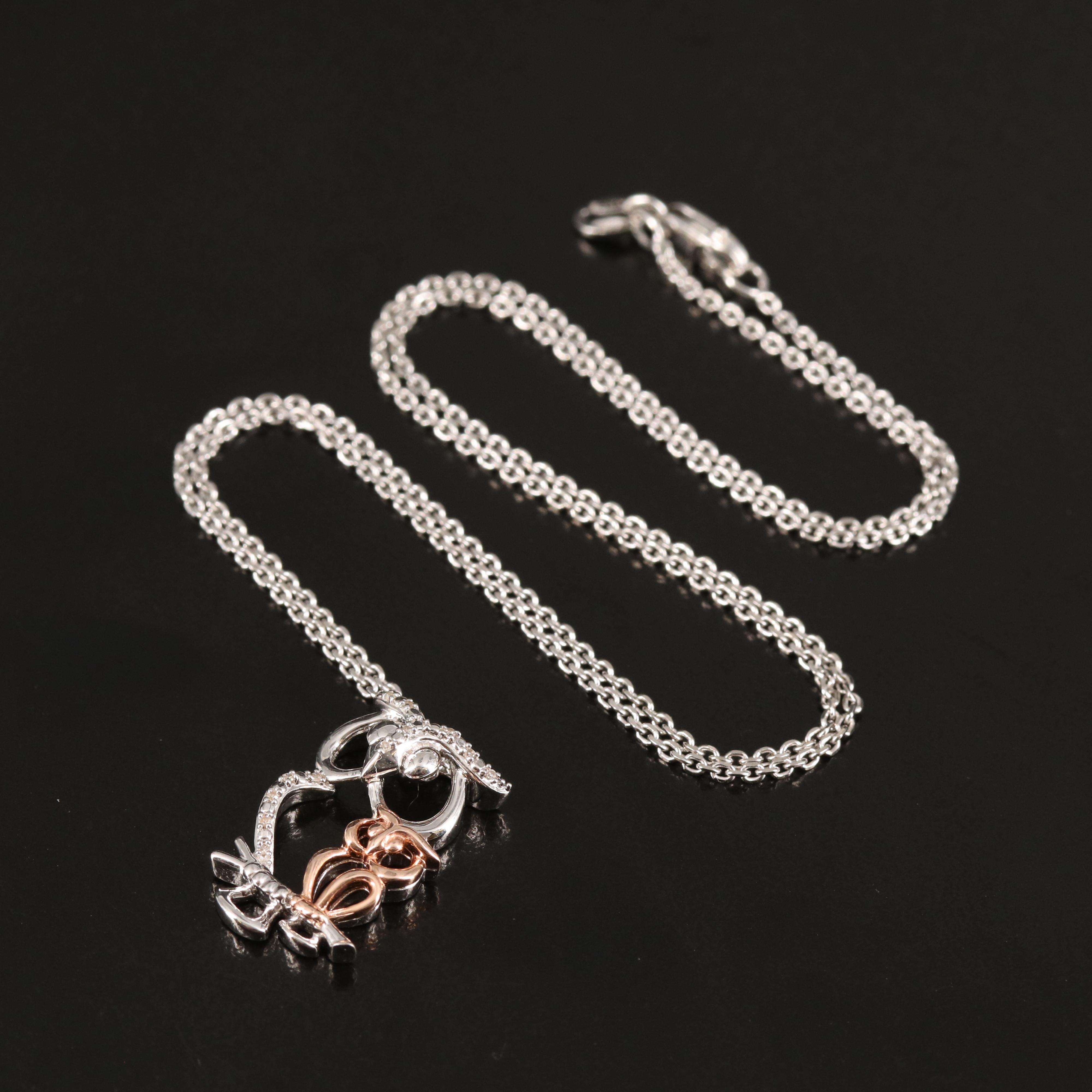 Sterling Diamond Owl Pendant Necklace with 10K Rose Gold Accent