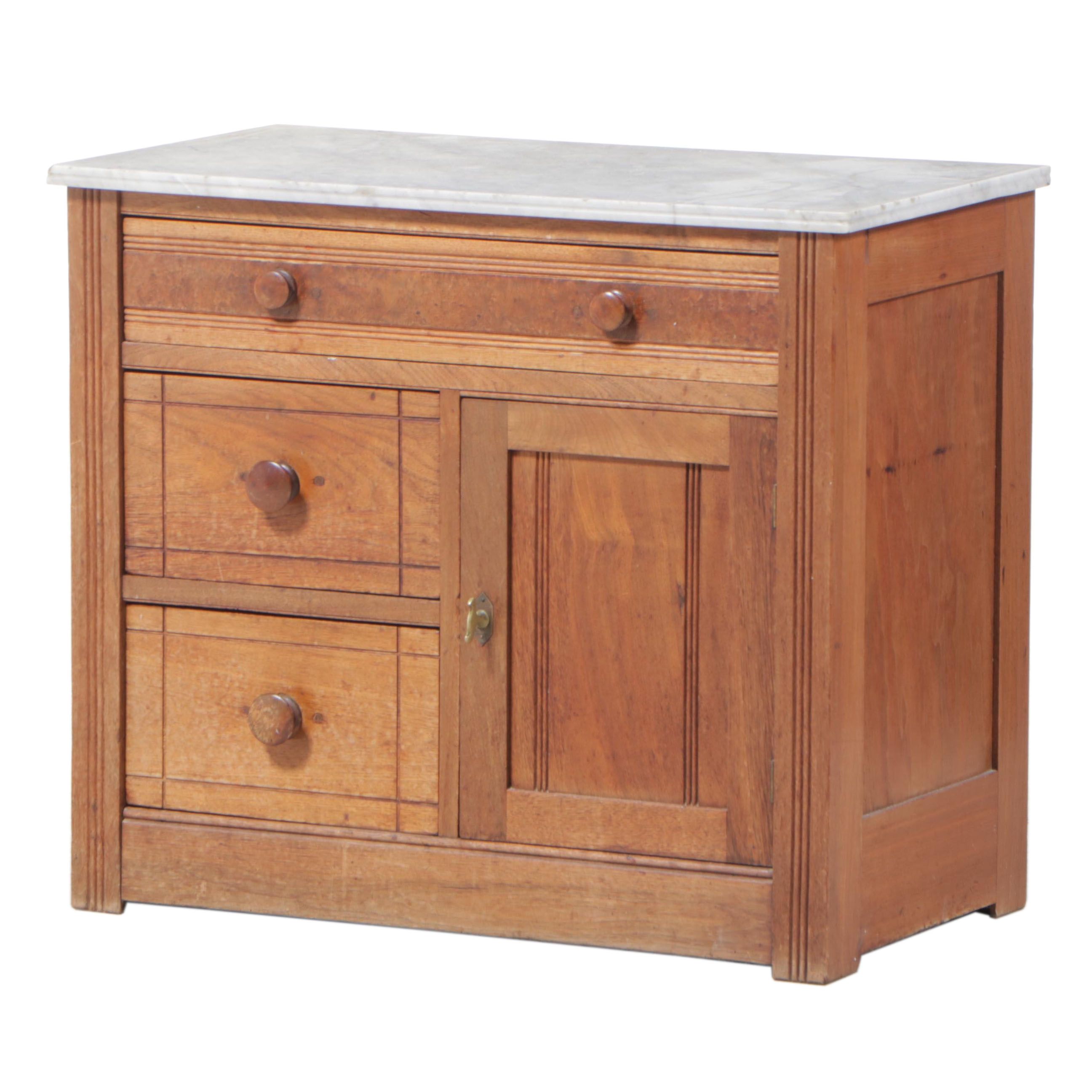 Victorian Walnut, Burl Walnut, and Marble Top Washstand, Late 19th Century